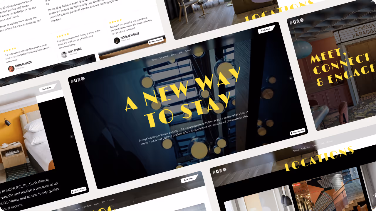 A stylish and contemporary website for PURO Hotels blending art inspired typography, modern layout composition and warm editorial photography.