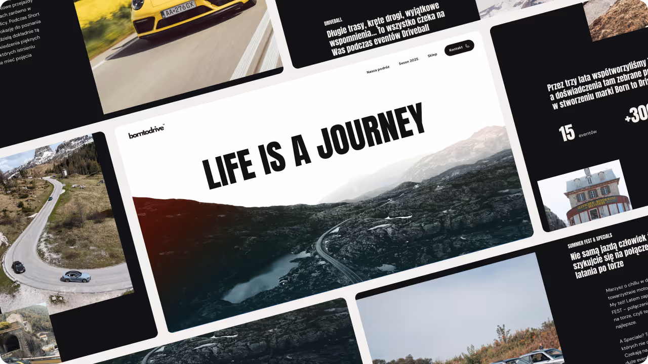 A bold and dynamic website for Born to Drive celebrating automotive passion through powerful visuals, contrast heavy layouts and an adventurous tone.