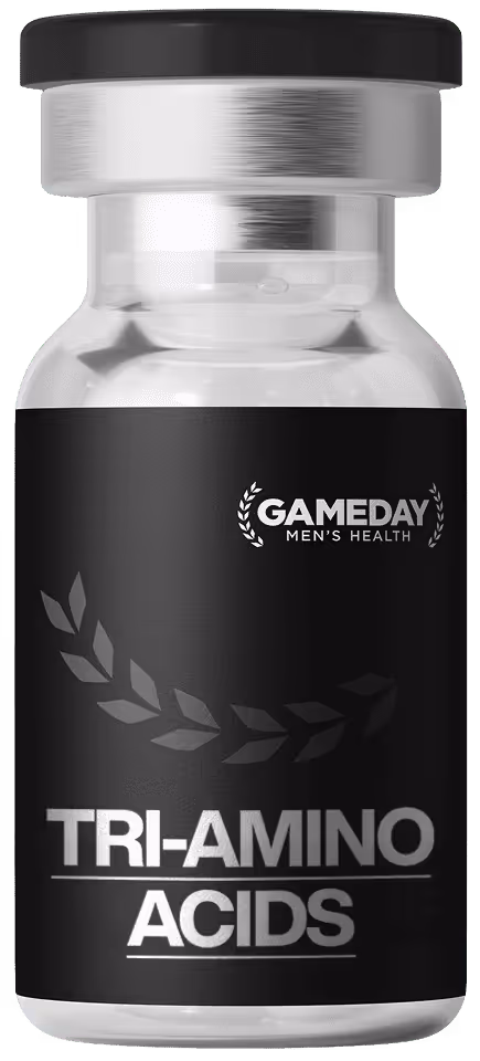Gameday Men’s Health Tri-Amino Acids supplement bottle promoting muscle recovery, blood flow, and performance support.