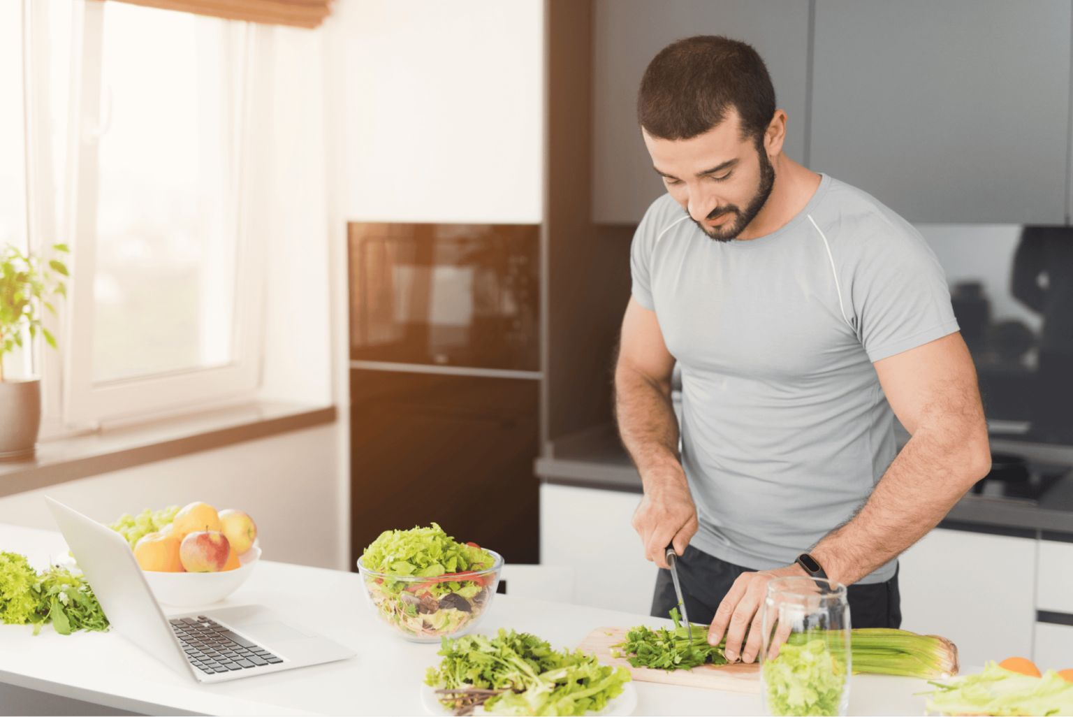 Man preparing a healthy meal with fresh vegetables in a modern kitchen, supporting semaglutide weight loss results with proper nutrition.