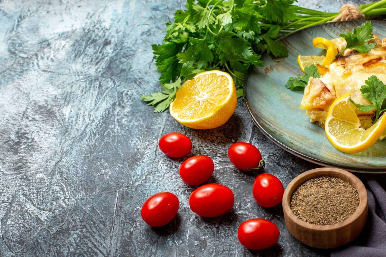 An overhead view of a balanced plate with salmon, vegetables, and fruits, representing a natural diet approach to improving erectile dysfunction and enhancing male performance.