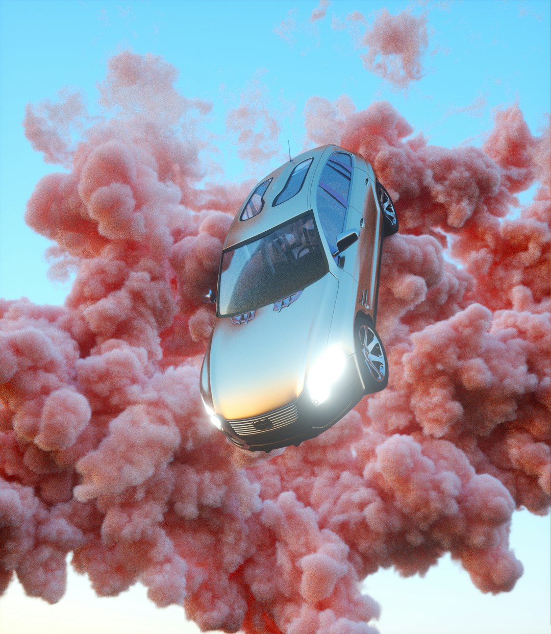 a car flying through a cloud of pink smoke