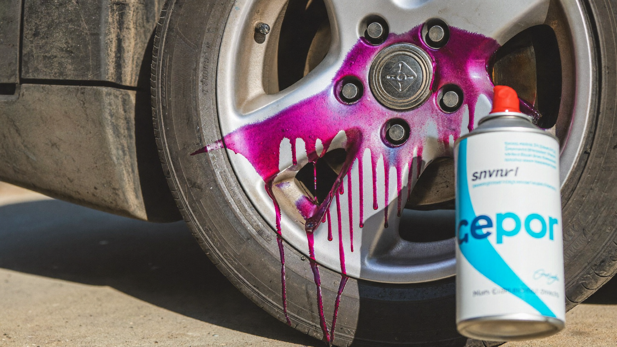 Iron remover spray bleeding purple as it dissolves brake dust on an alloy wheel