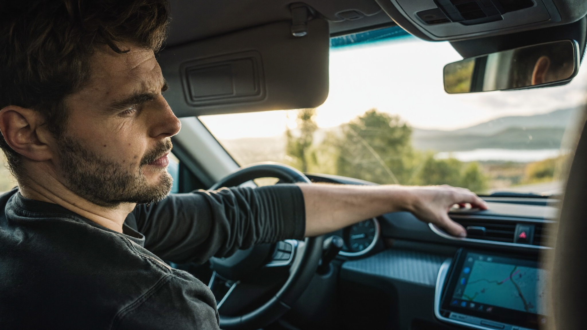 Man reaching toward the dashboard air vent from the driver’s seat