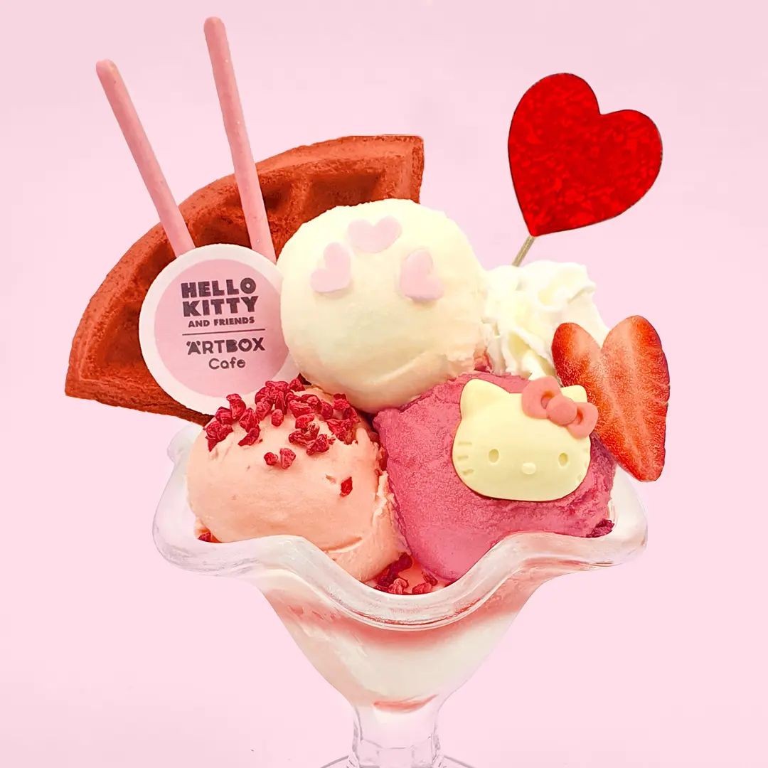 Ice cream sundae from ArtBox Cafe  with branded Hello Kitty themed  round wafer toppers.