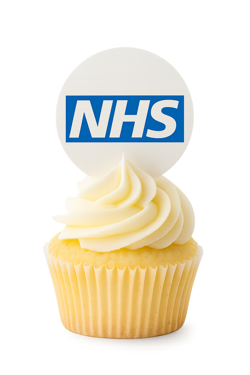 A cupcake with a wafer round topper displaying the NHS's logo.