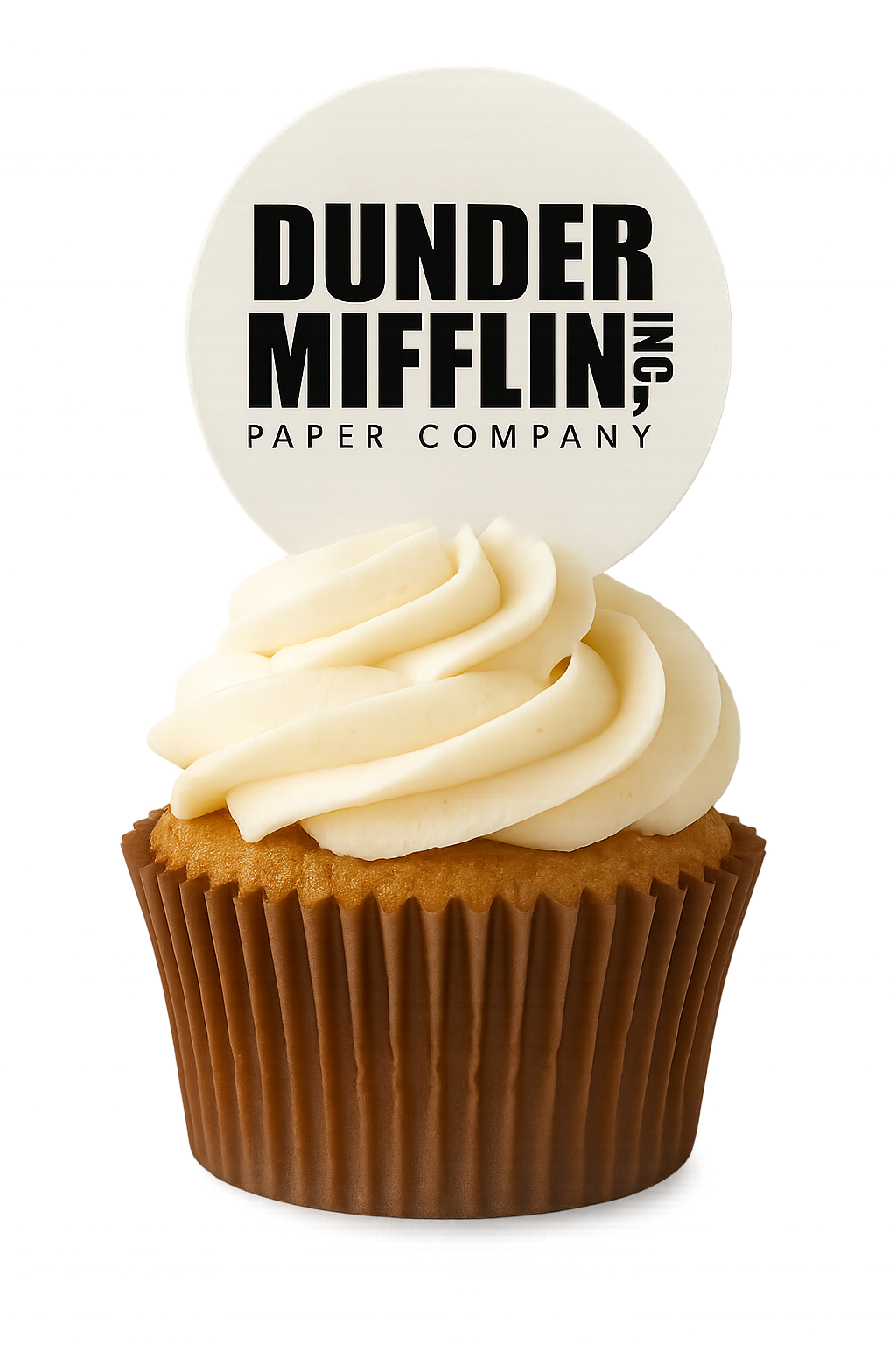 A cupcake with a swirl of vanilla buttercream with a edible wafer paper round topper with the Dunder Mifflin logo printed on it in high quality edible ink.