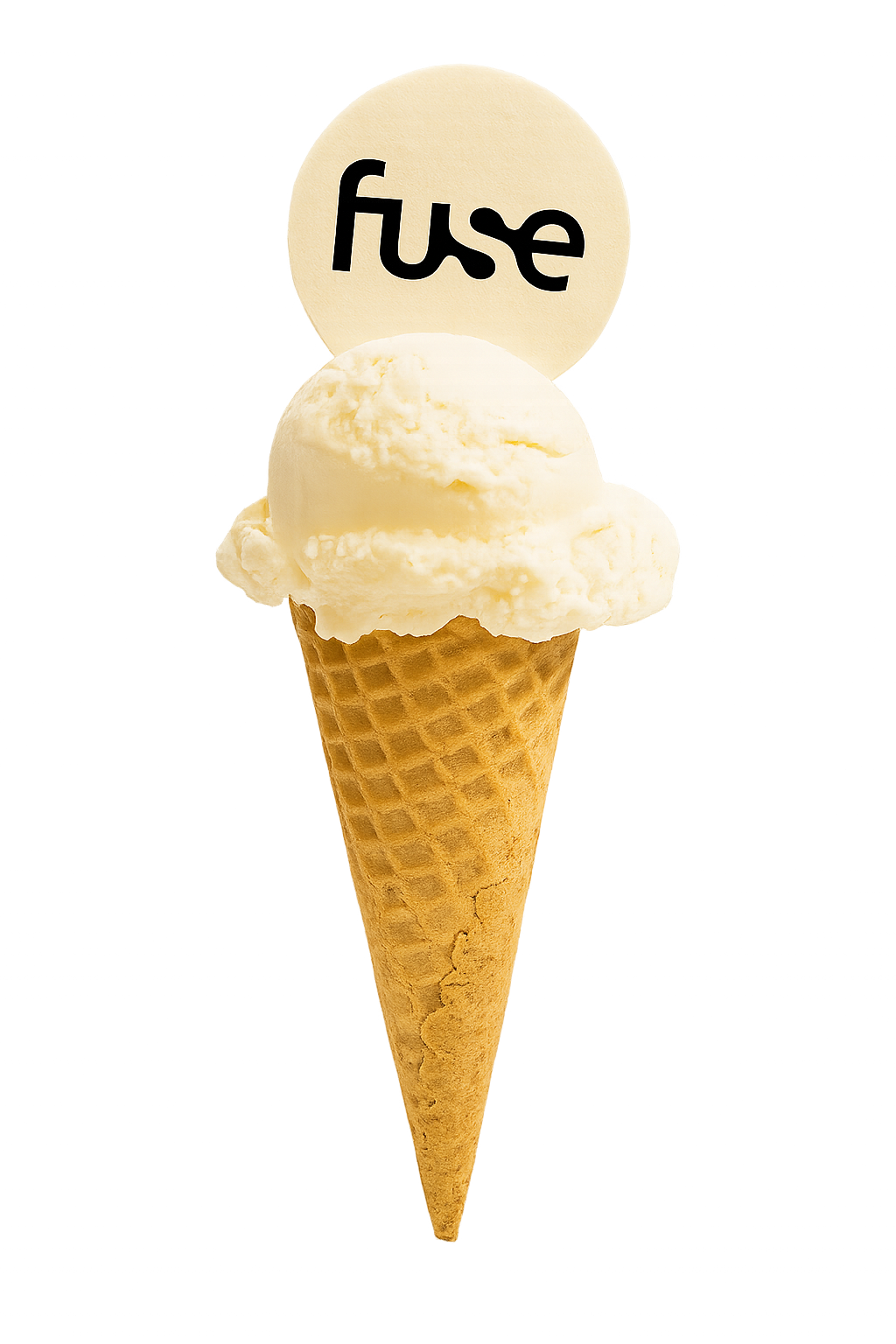 An ice cream (a wafer cone and scoop of vanilla) and sitting upi nthe scoop is a round wafer paper branded topper with a logo for Fuse printed on it. 