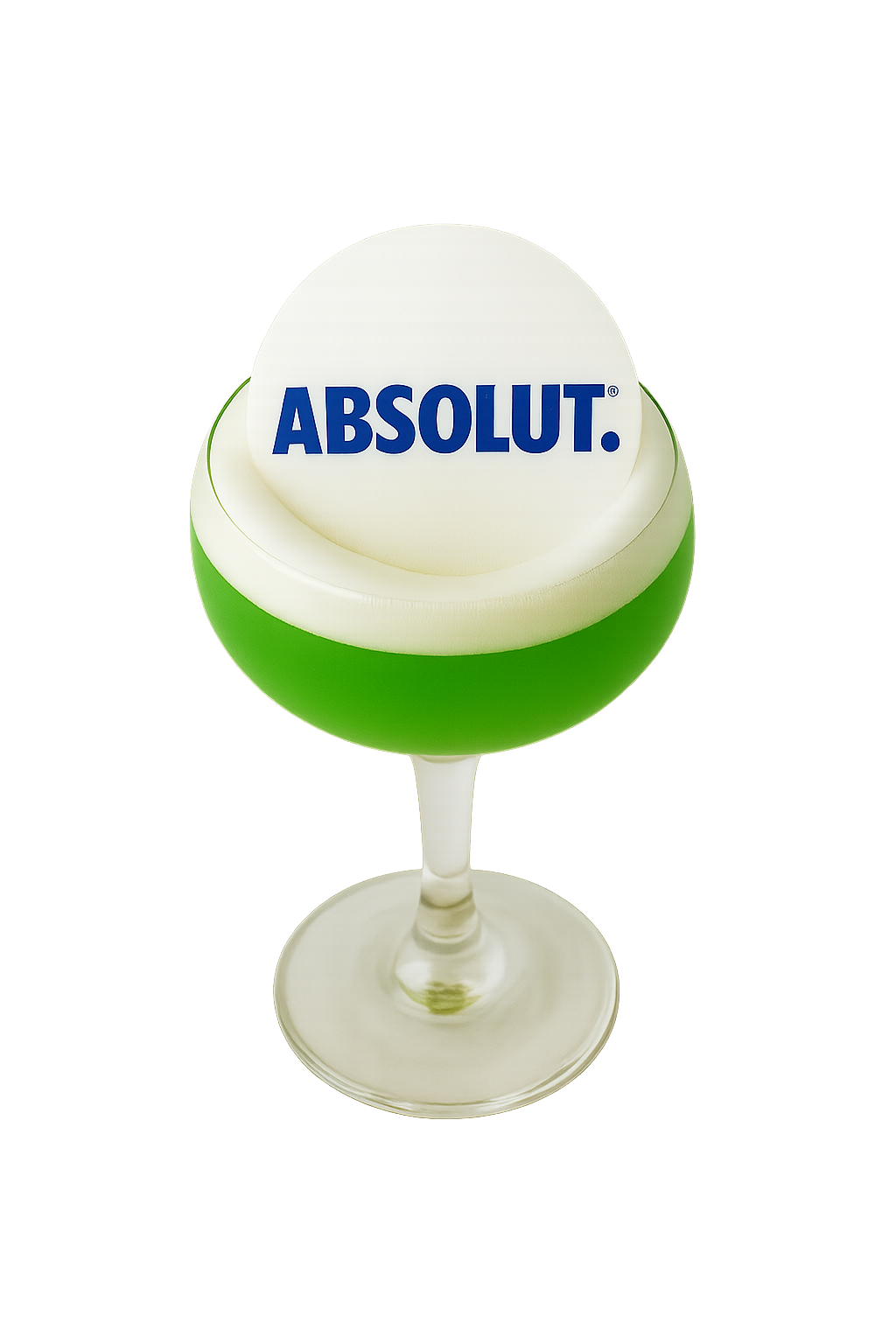 A cocktail with a wafer round topper displaying Absolut's logo.