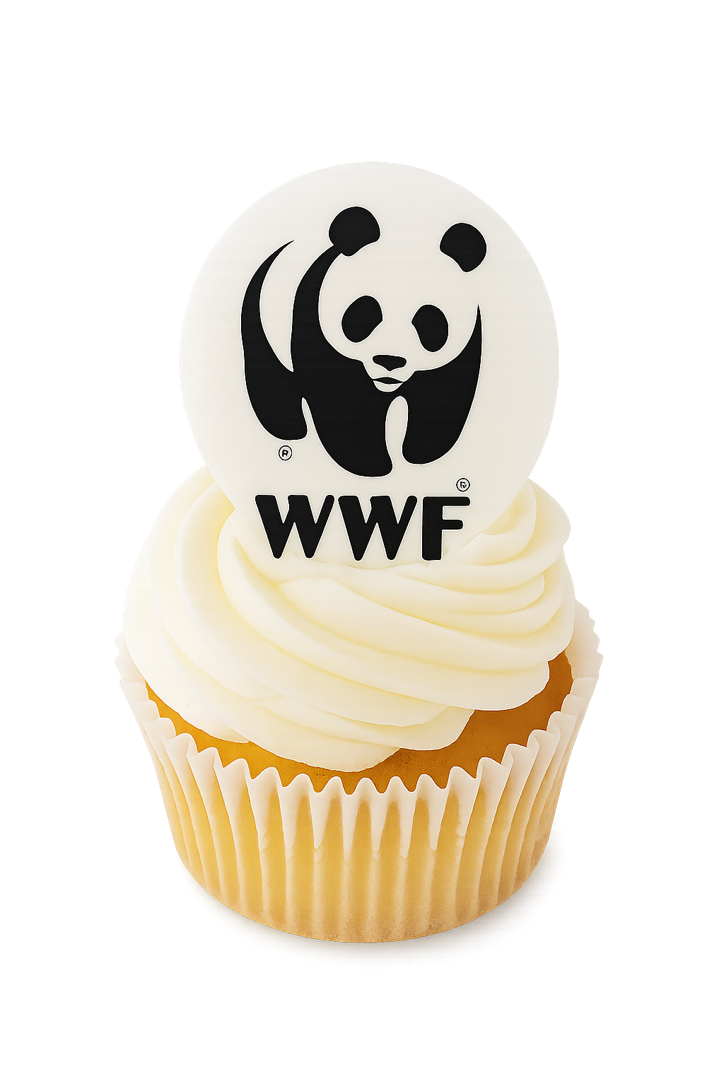 A cupcake with a wafer round topper displaying the WWF's logo.