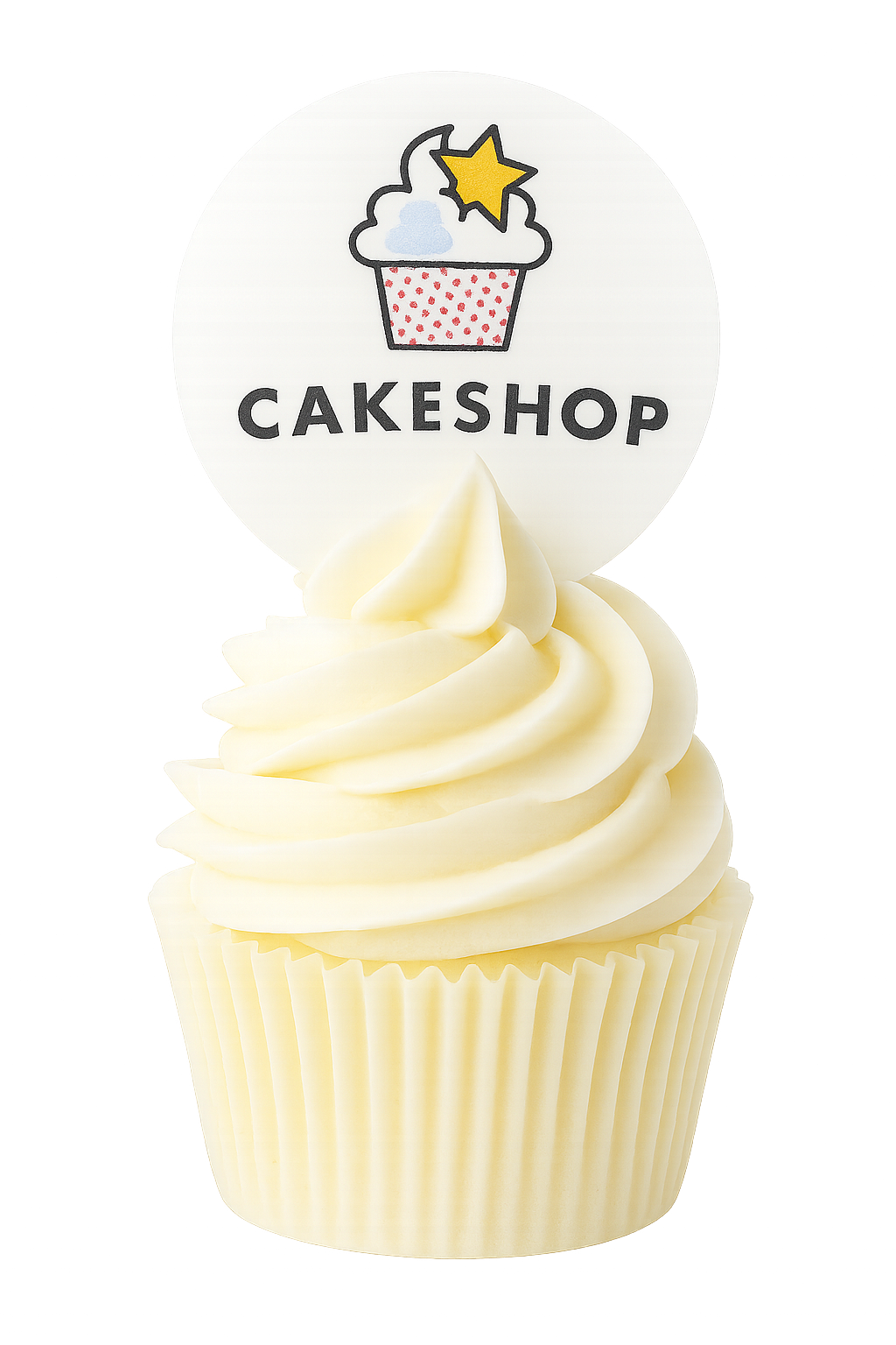 A cupcake with a wafer round topper displaying Cakeshop's logo.