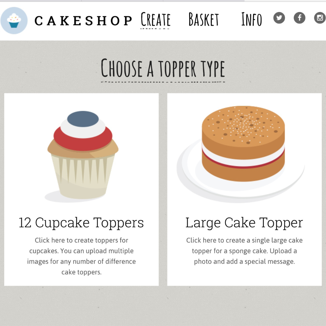 A screenshot of Cakeshop's first Cake Topper website.