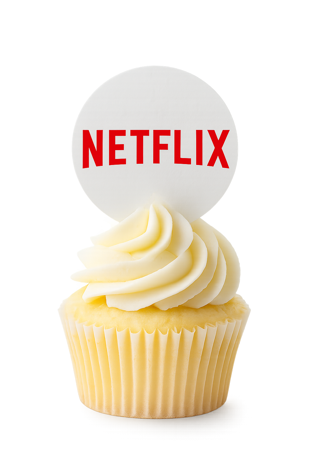 A cupcake with a wafer round topper displaying Netflix' logo.