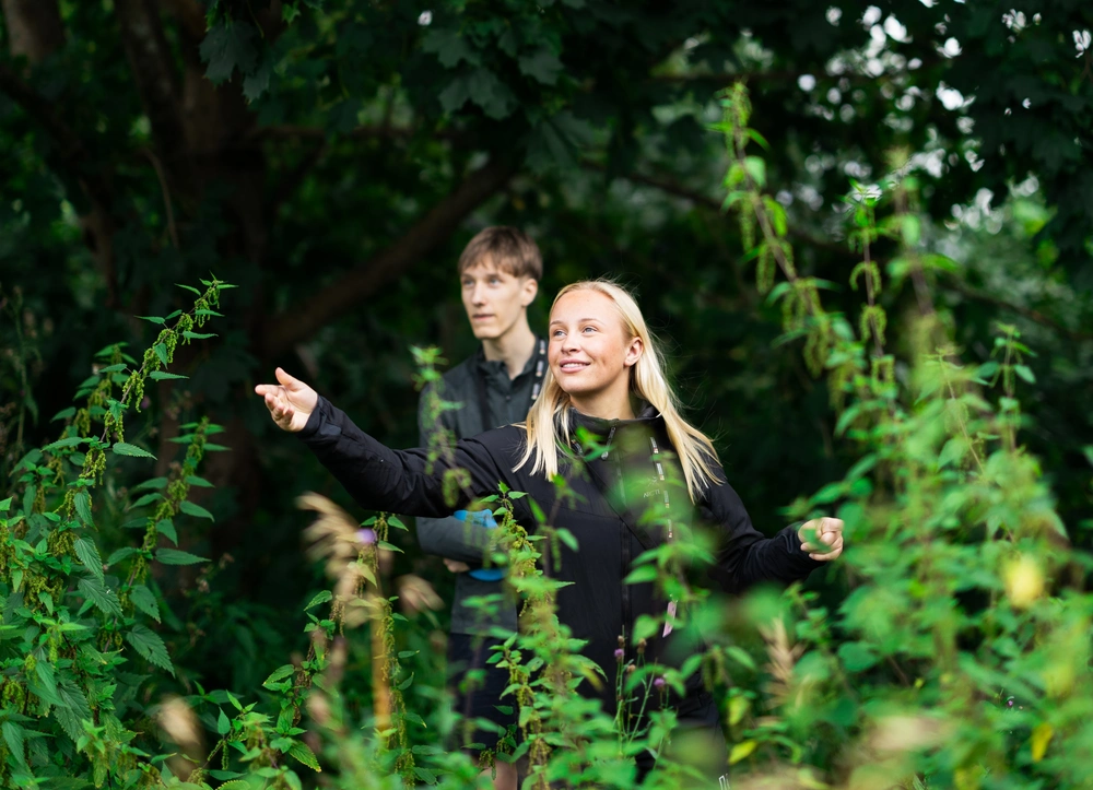 Elever fra linjen Global solidaritet på Ringerike Folkehøgskole utforsker naturen under tur, et bilde som viser samarbeid og engasjement for miljø og bærekraft.