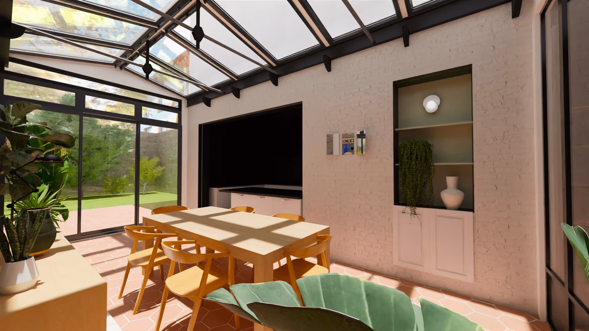Sunlit dining area with a wooden table, six chairs, potted plants, and glass ceiling overlooking a green garden.