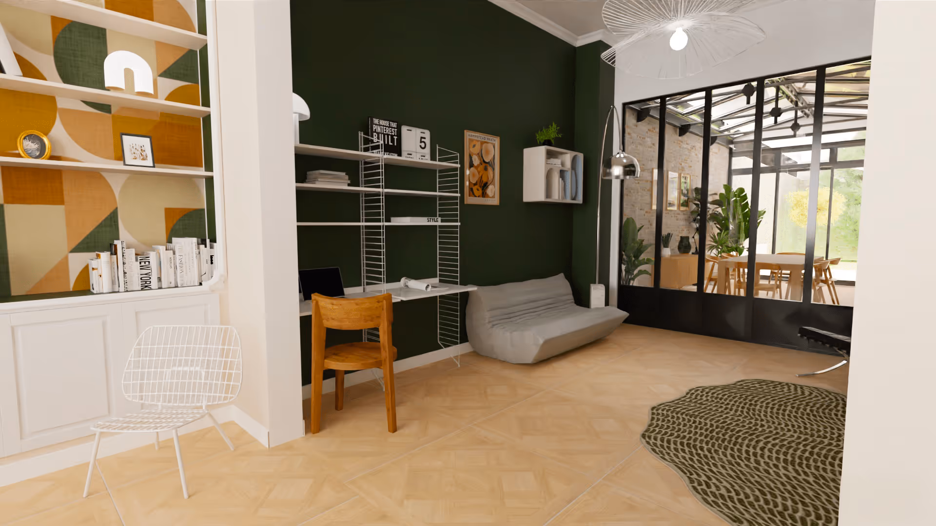 Modern living room with green accent wall, wooden chair, gray sofa, white wire chair, and glass doors leading to a dining area.