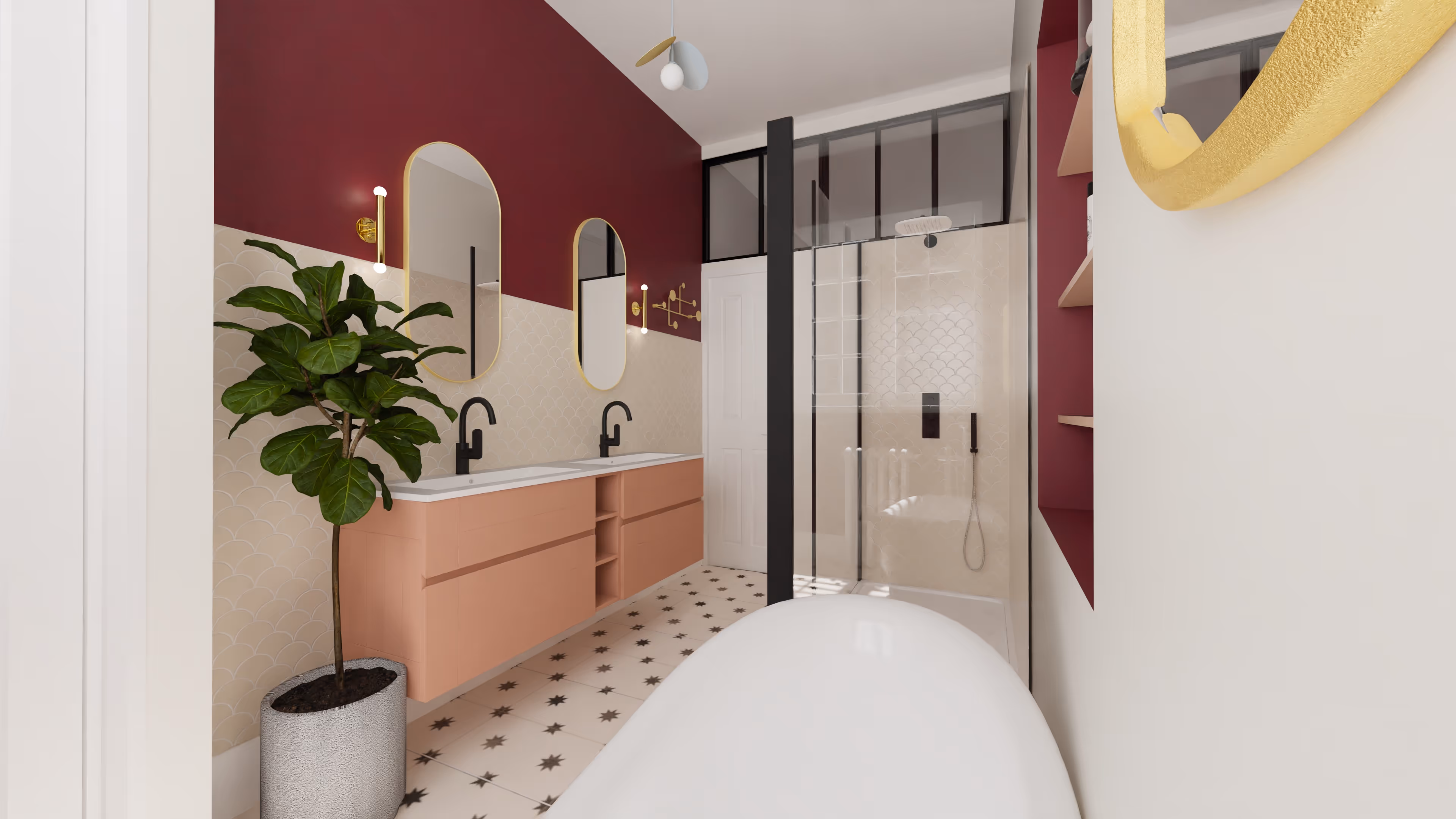 Modern living space with green accent wall, open shelves filled with books, a black chair, a green cushioned floor seat, and glass doors leading to a dining area with wooden chairs.