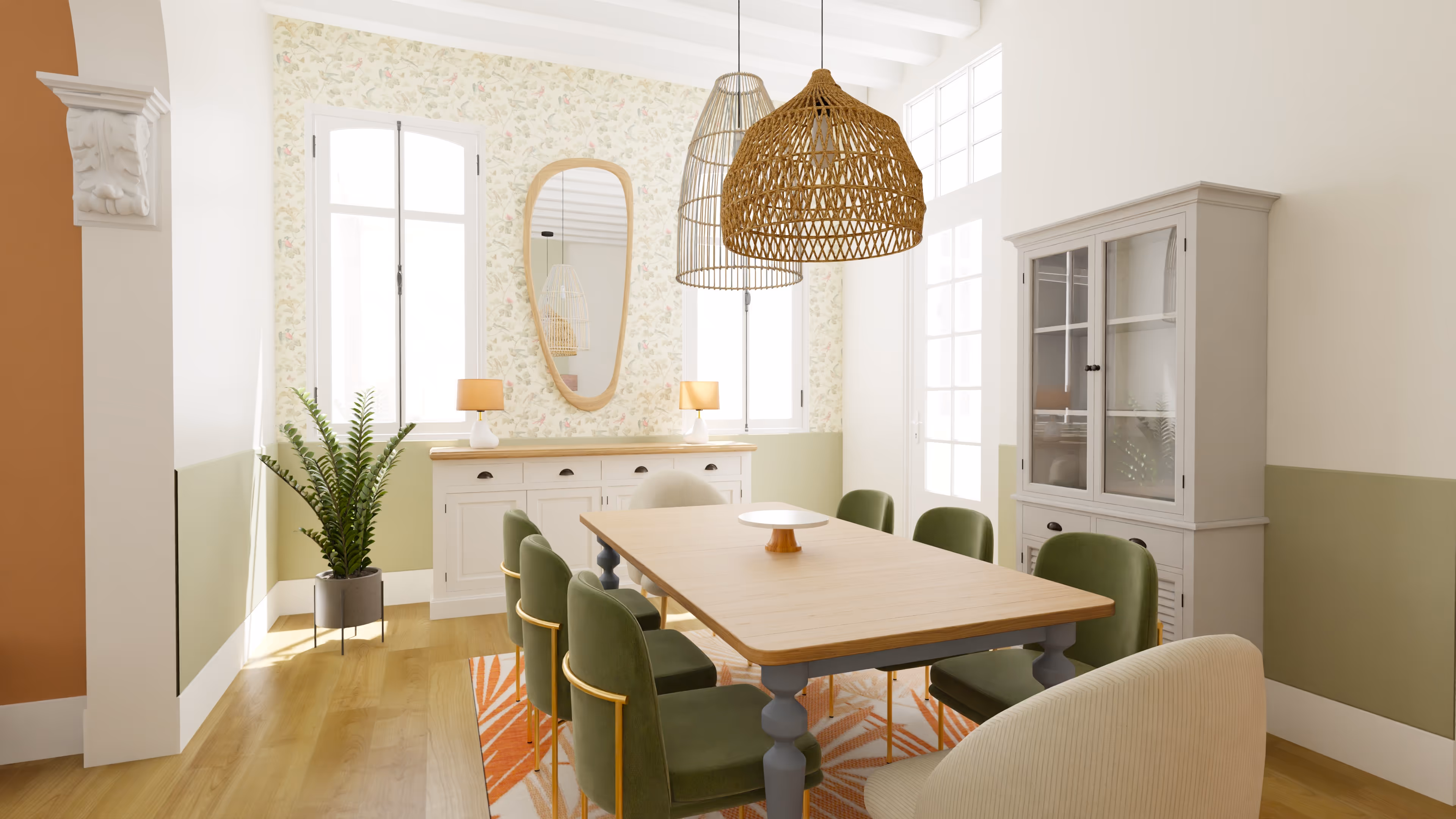 Bright dining area with six wooden chairs around a rectangular wooden table, brick wall with three framed meal posters, and large green plants near glass sliding doors.
