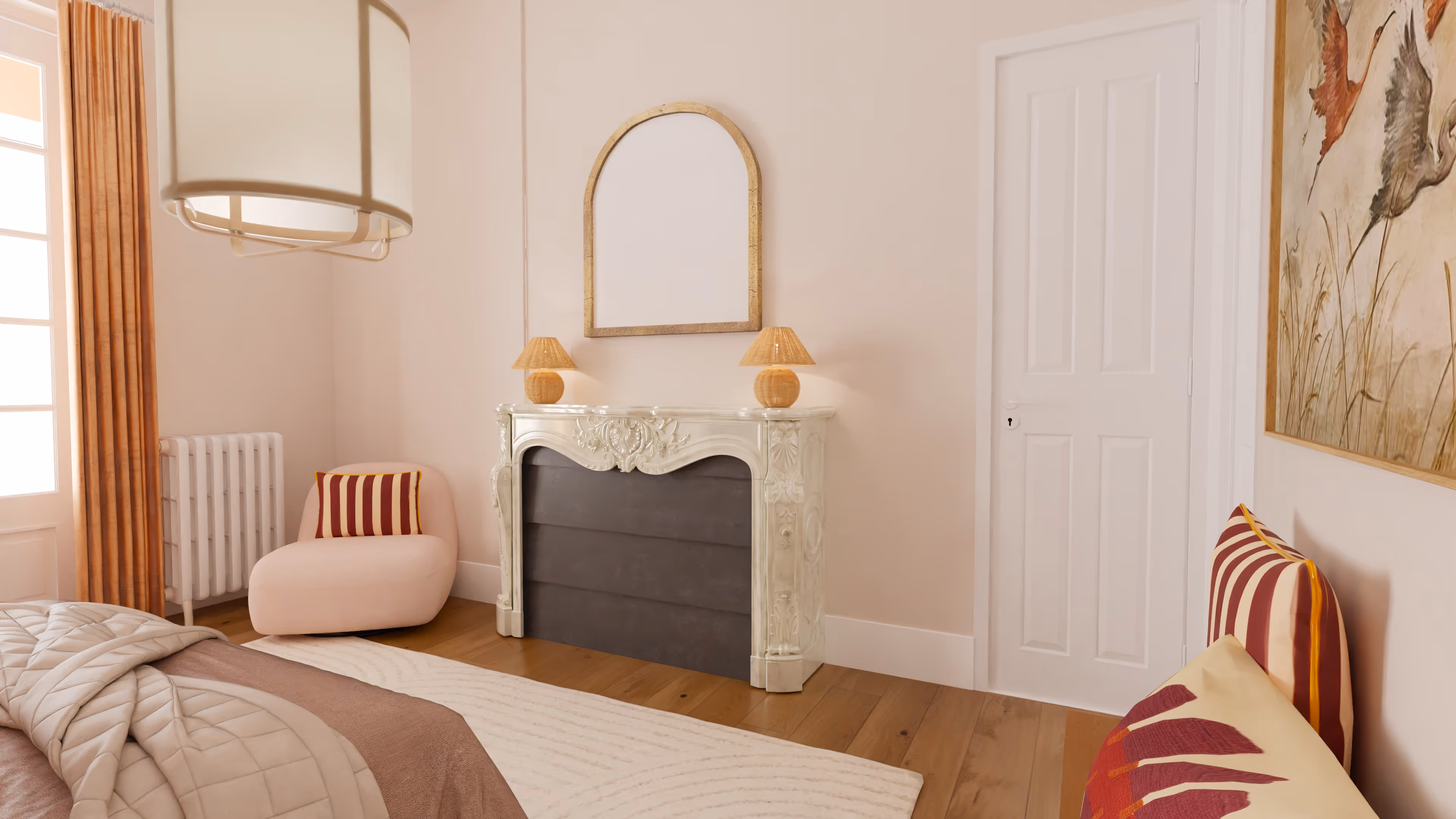 Modern living space with green accent wall, open shelves filled with books, a black chair, a green cushioned floor seat, and glass doors leading to a dining area with wooden chairs.