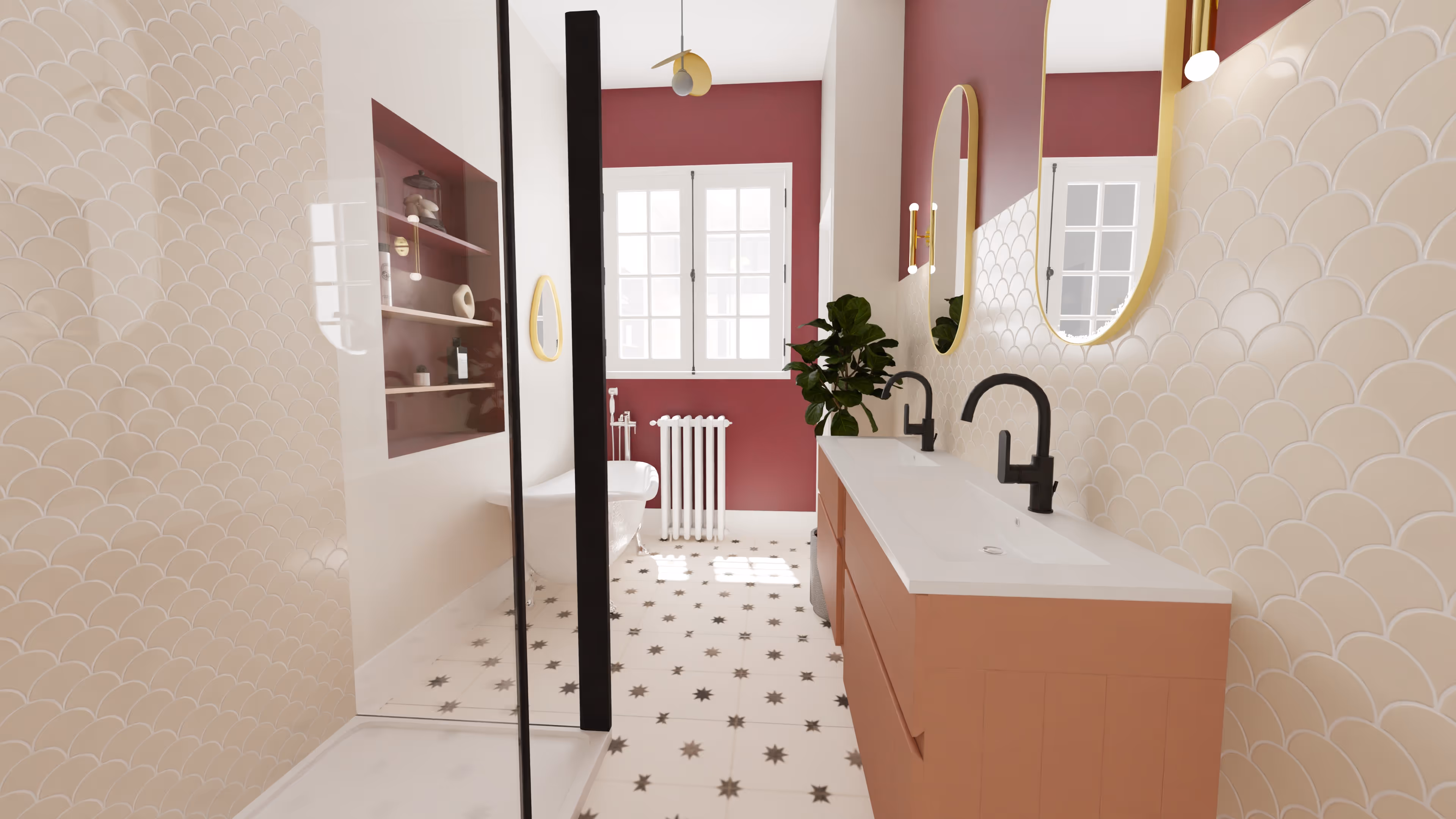 Modern living space with green accent wall, open shelves filled with books, a black chair, a green cushioned floor seat, and glass doors leading to a dining area with wooden chairs.