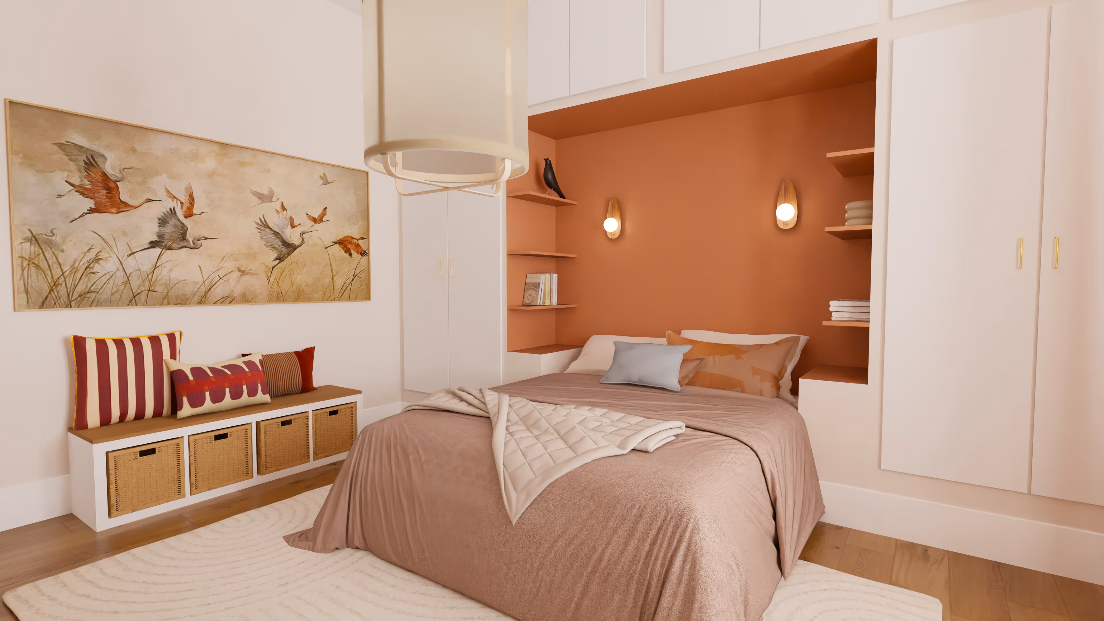 Modern living room with green accent wall, wooden chair, gray sofa, white wire chair, and glass doors leading to a dining area.