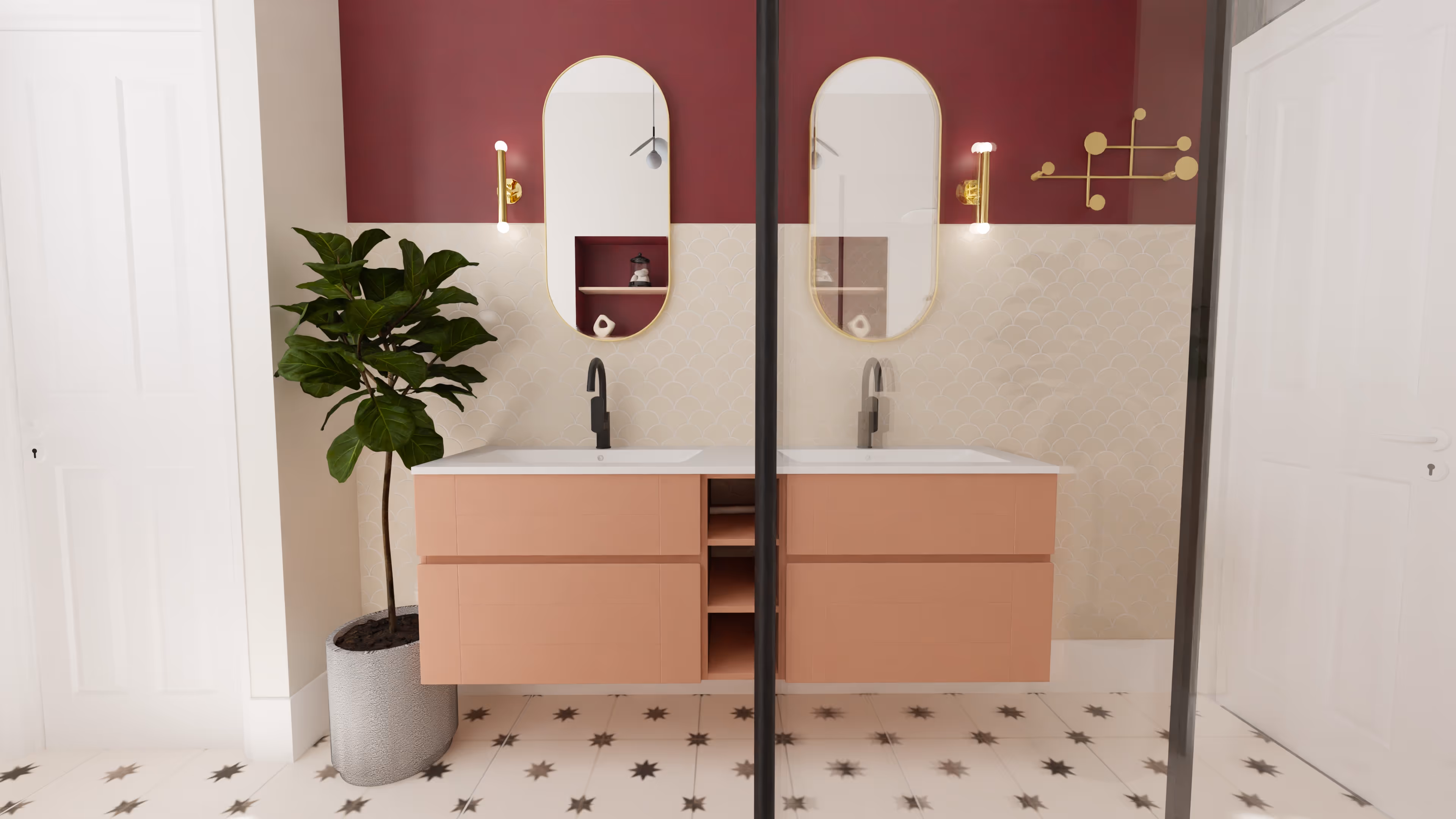 Modern living space with green accent wall, open shelves filled with books, a black chair, a green cushioned floor seat, and glass doors leading to a dining area with wooden chairs.