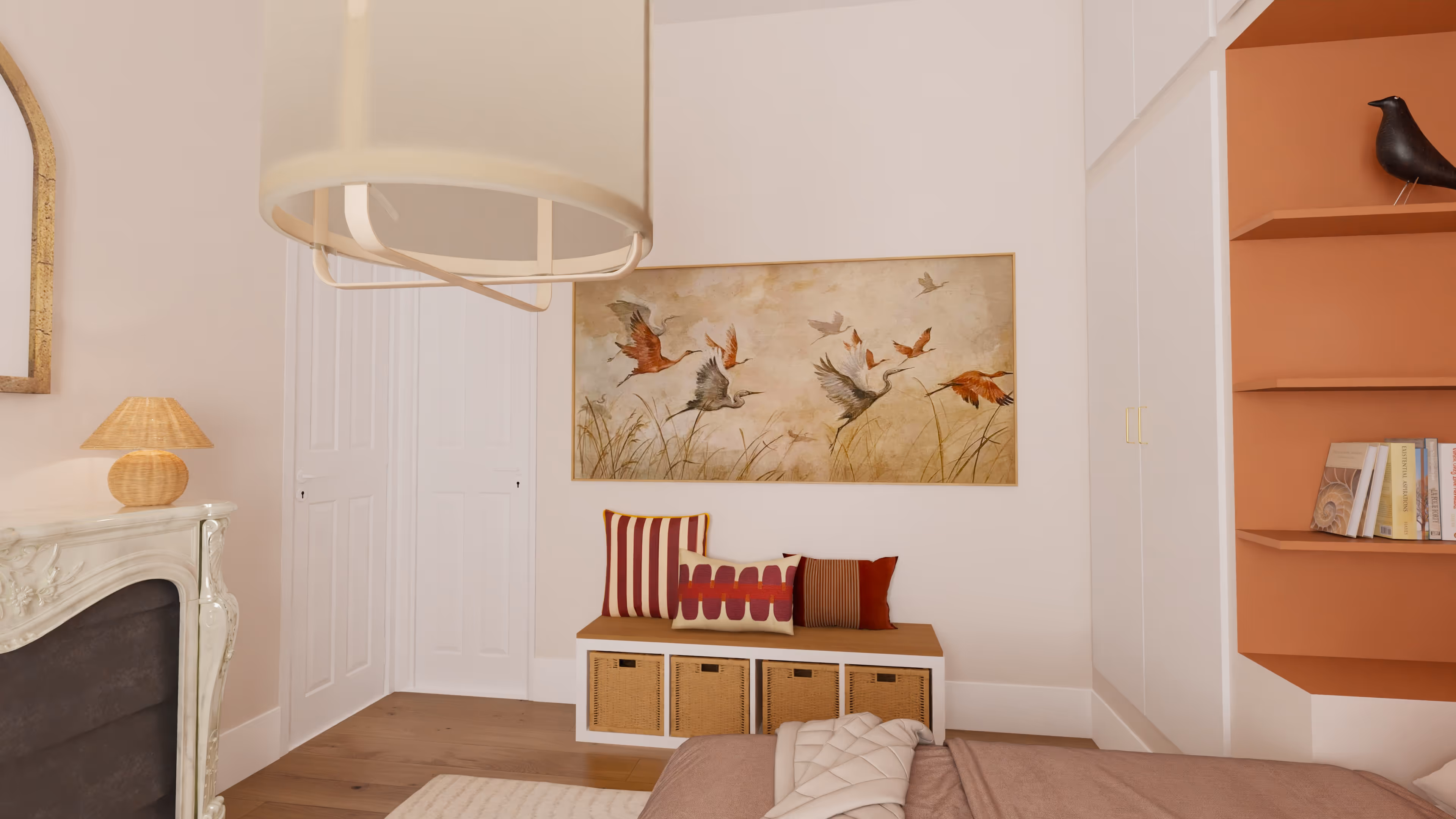 Modern living space with green accent wall, open shelves filled with books, a black chair, a green cushioned floor seat, and glass doors leading to a dining area with wooden chairs.