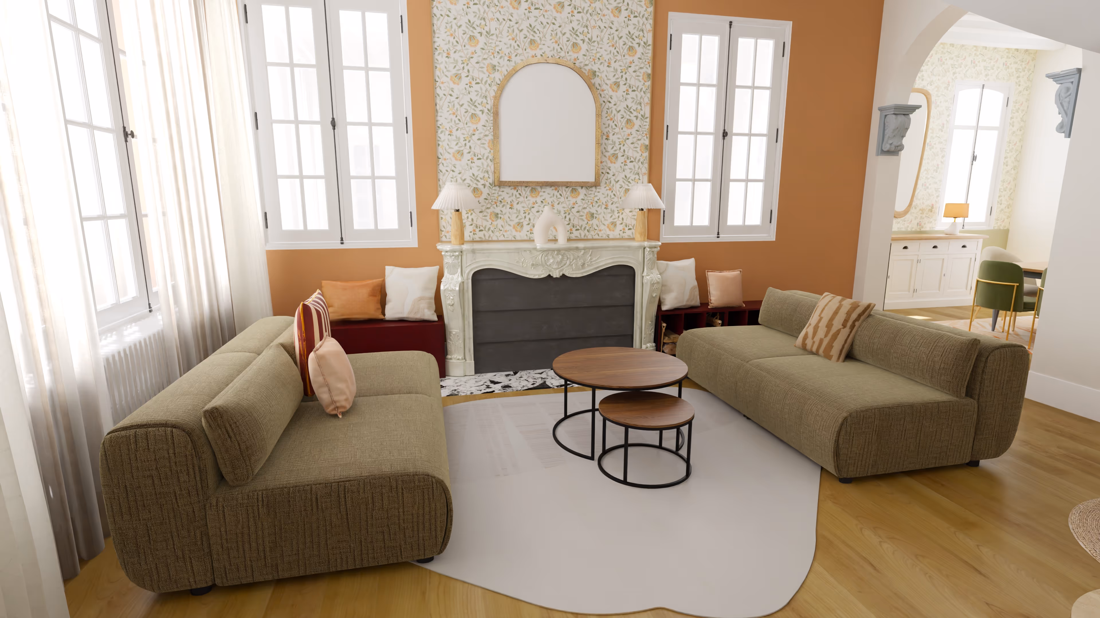 Sunlit dining area with a wooden table, six chairs, potted plants, and glass ceiling overlooking a green garden.