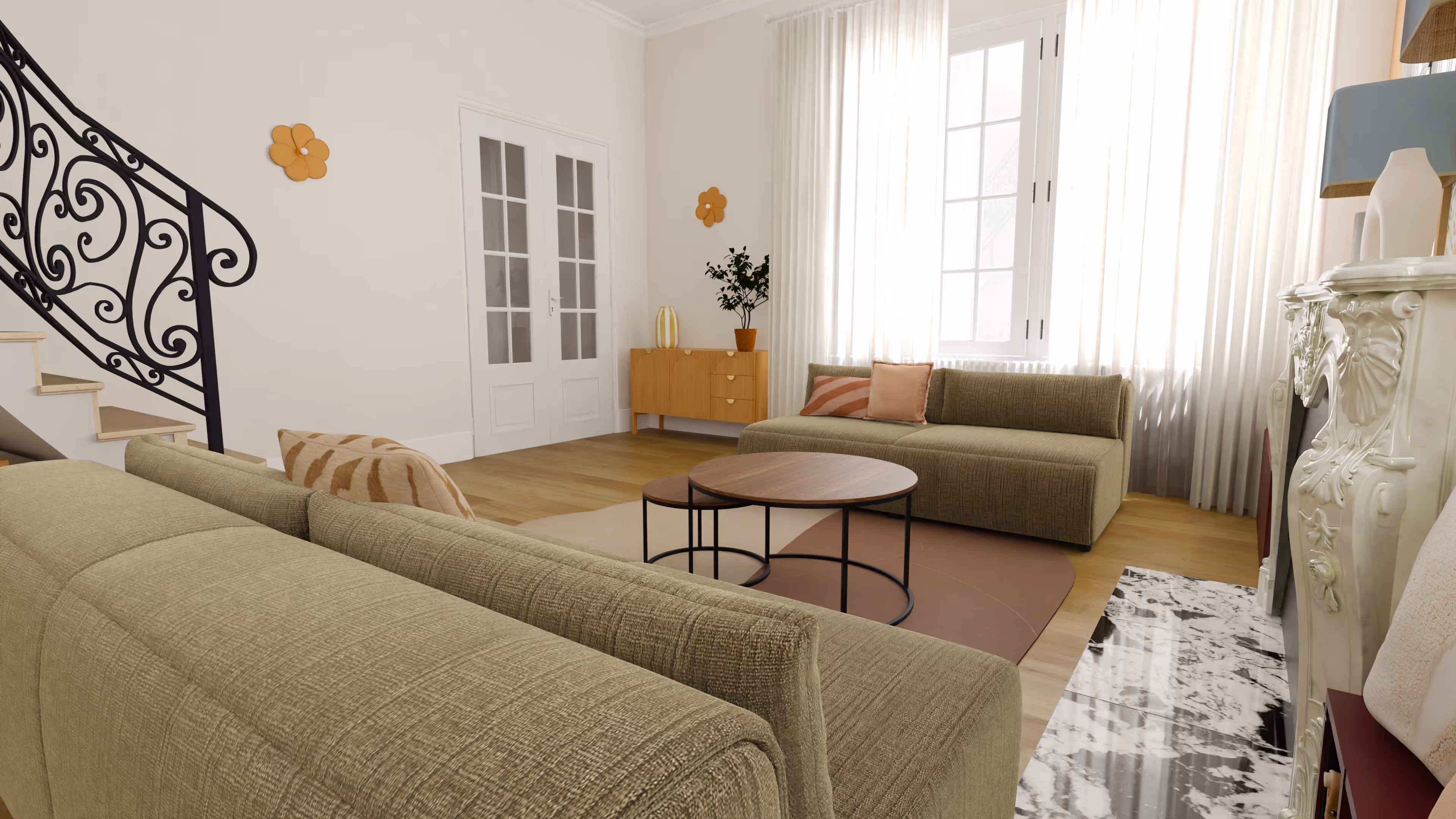 Sunlit dining area with a wooden table, six chairs, potted plants, and glass ceiling overlooking a green garden.