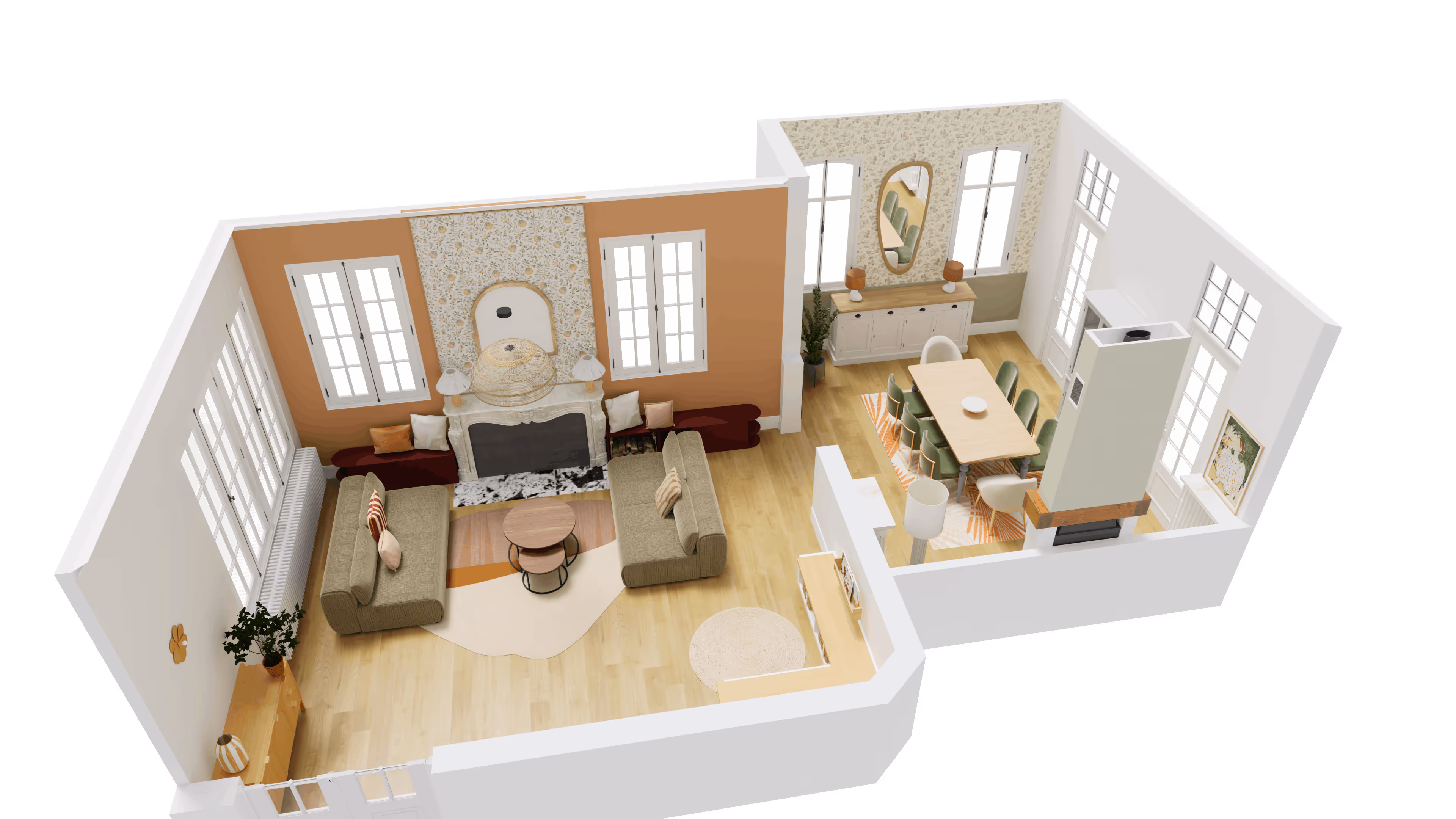 Sunlit dining area with a wooden table, six chairs, potted plants, and glass ceiling overlooking a green garden.