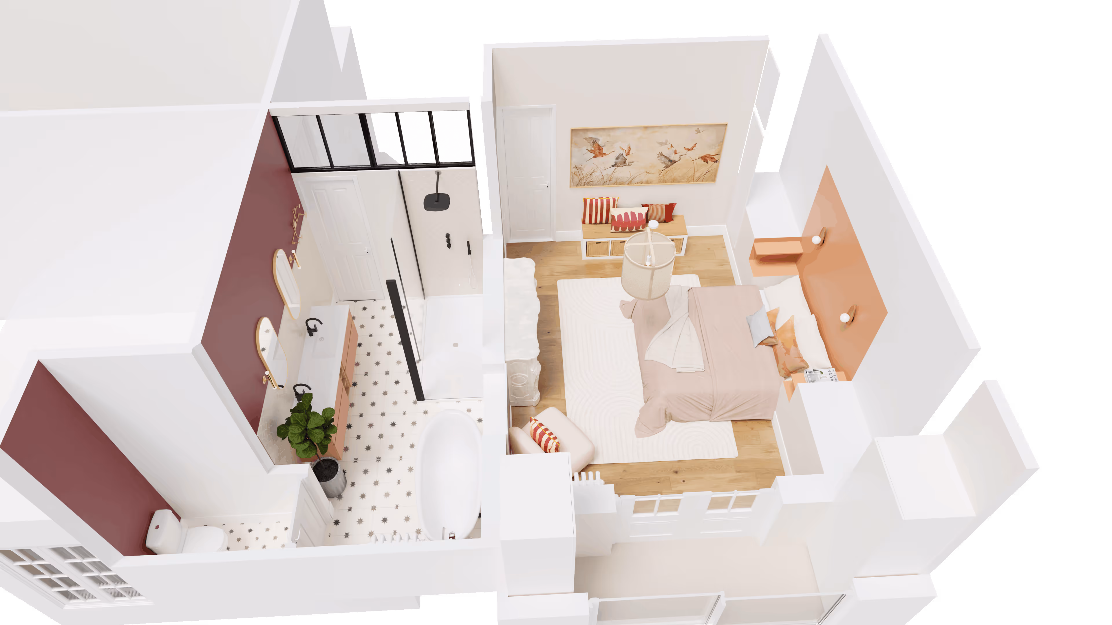 Modern living space with green accent wall, open shelves filled with books, a black chair, a green cushioned floor seat, and glass doors leading to a dining area with wooden chairs.