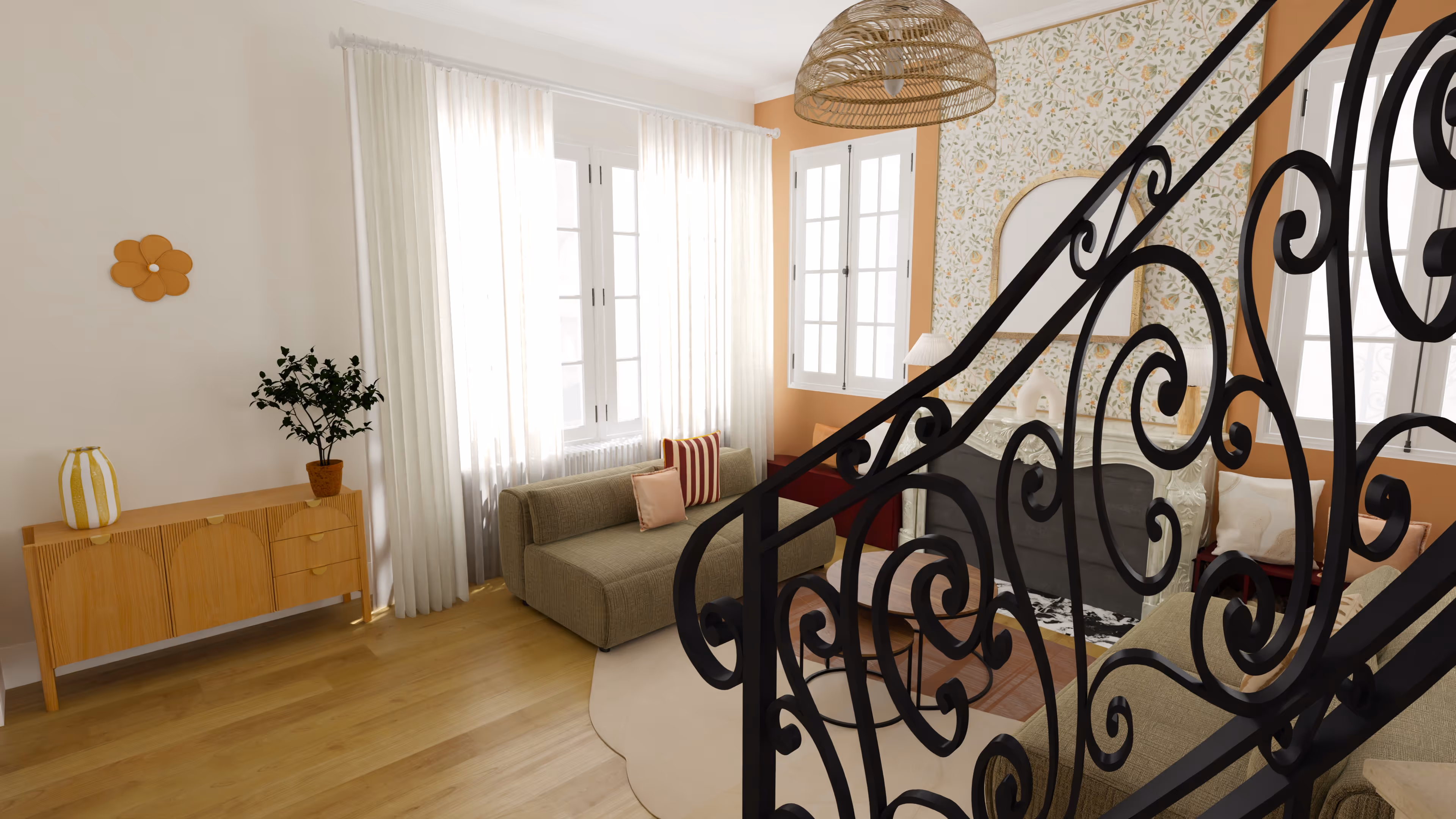 Sunlit dining area with a wooden table, six chairs, potted plants, and glass ceiling overlooking a green garden.