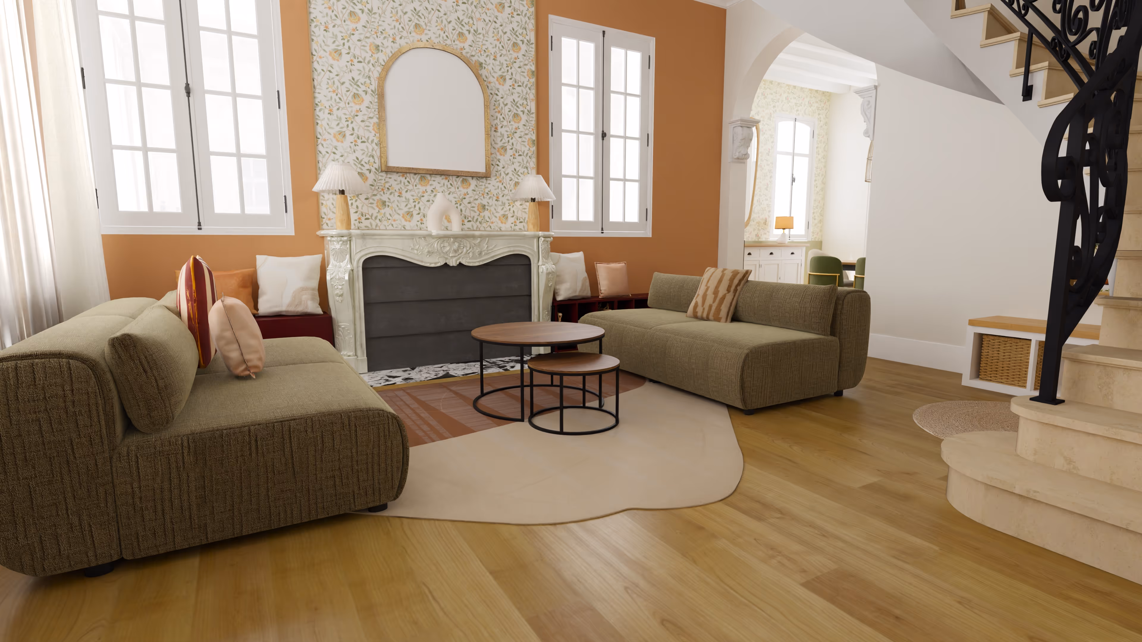 Sunlit dining area with a wooden table, six chairs, potted plants, and glass ceiling overlooking a green garden.