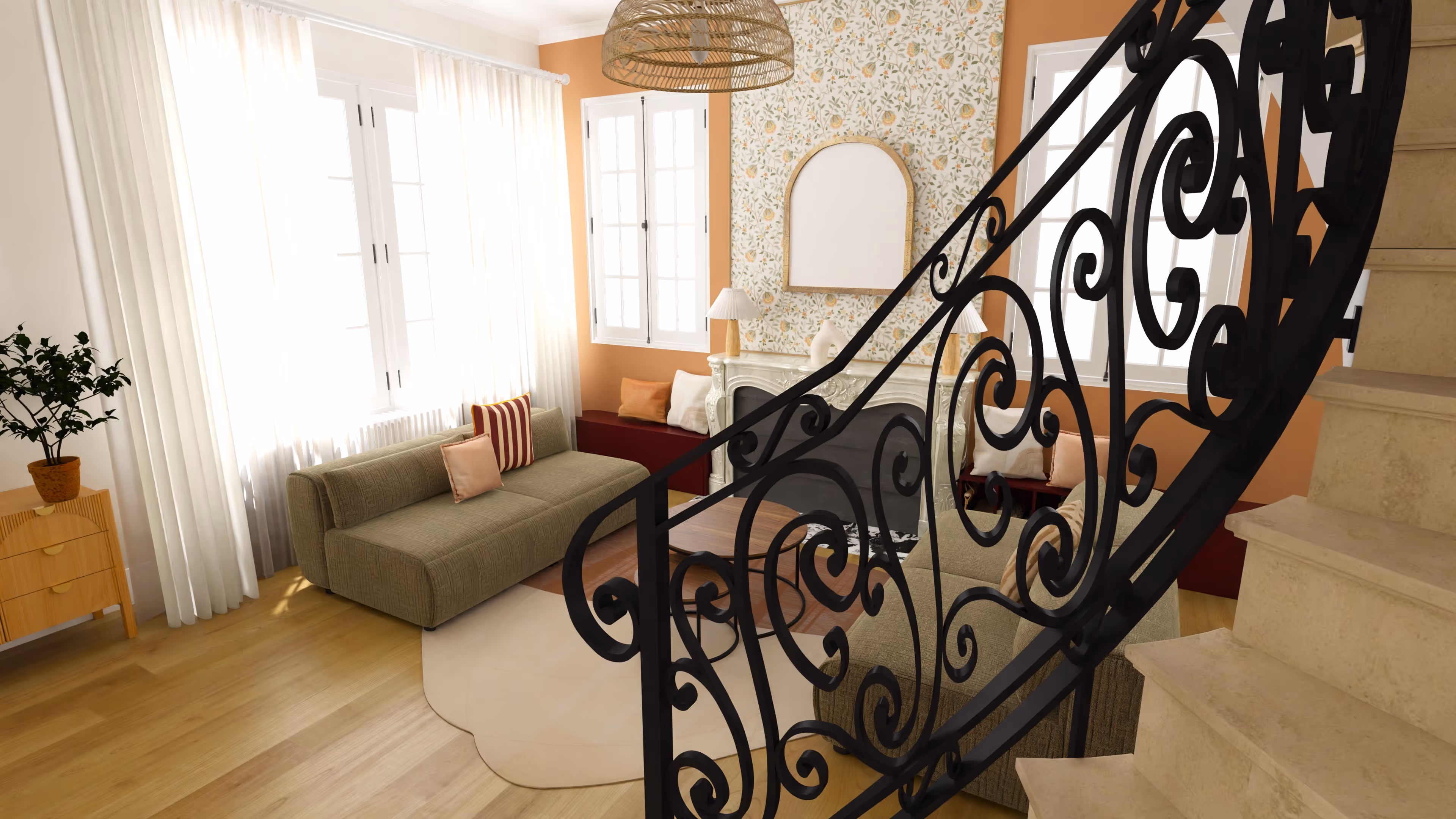 Sunlit dining area with a wooden table, six chairs, potted plants, and glass ceiling overlooking a green garden.