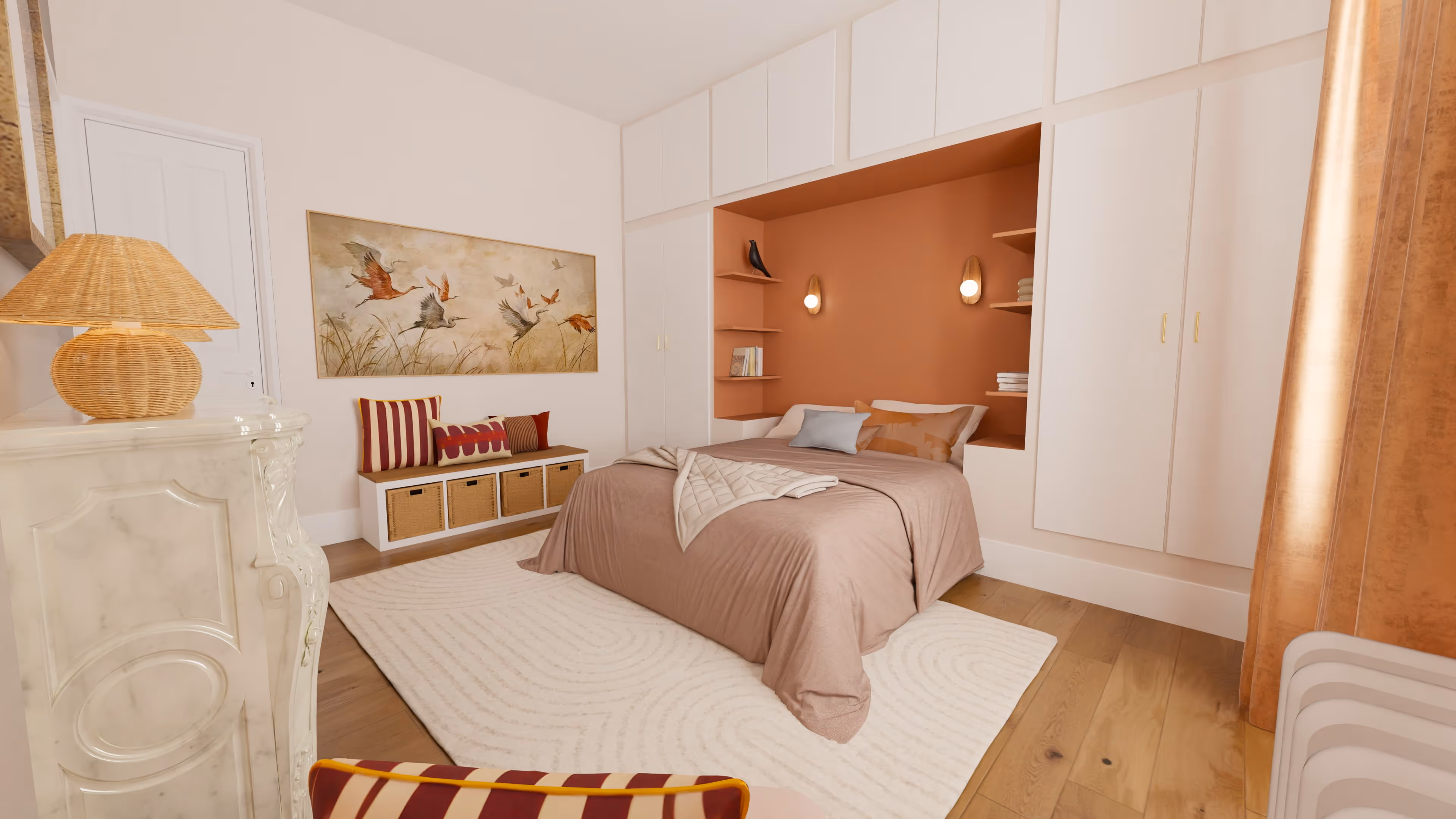 Modern living space with green accent wall, open shelves filled with books, a black chair, a green cushioned floor seat, and glass doors leading to a dining area with wooden chairs.
