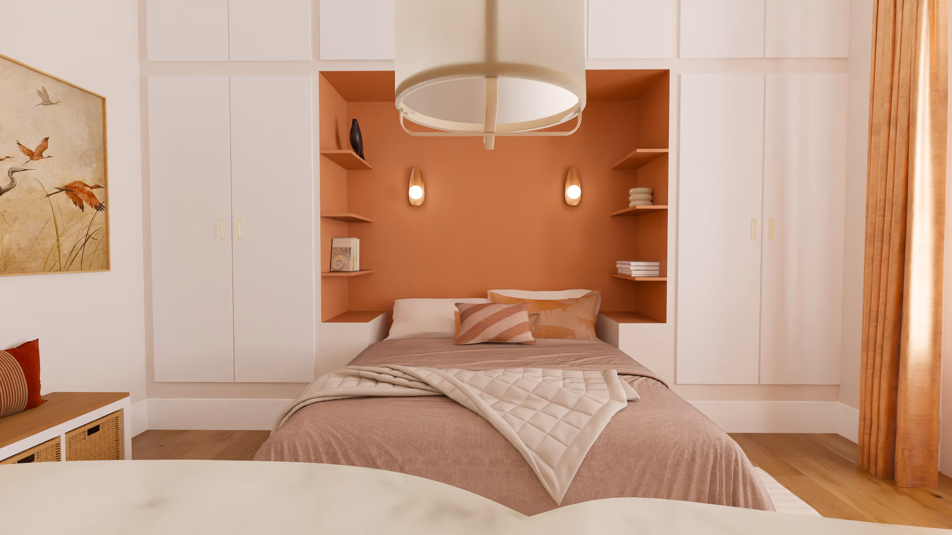 Modern living space with green accent wall, open shelves filled with books, a black chair, a green cushioned floor seat, and glass doors leading to a dining area with wooden chairs.