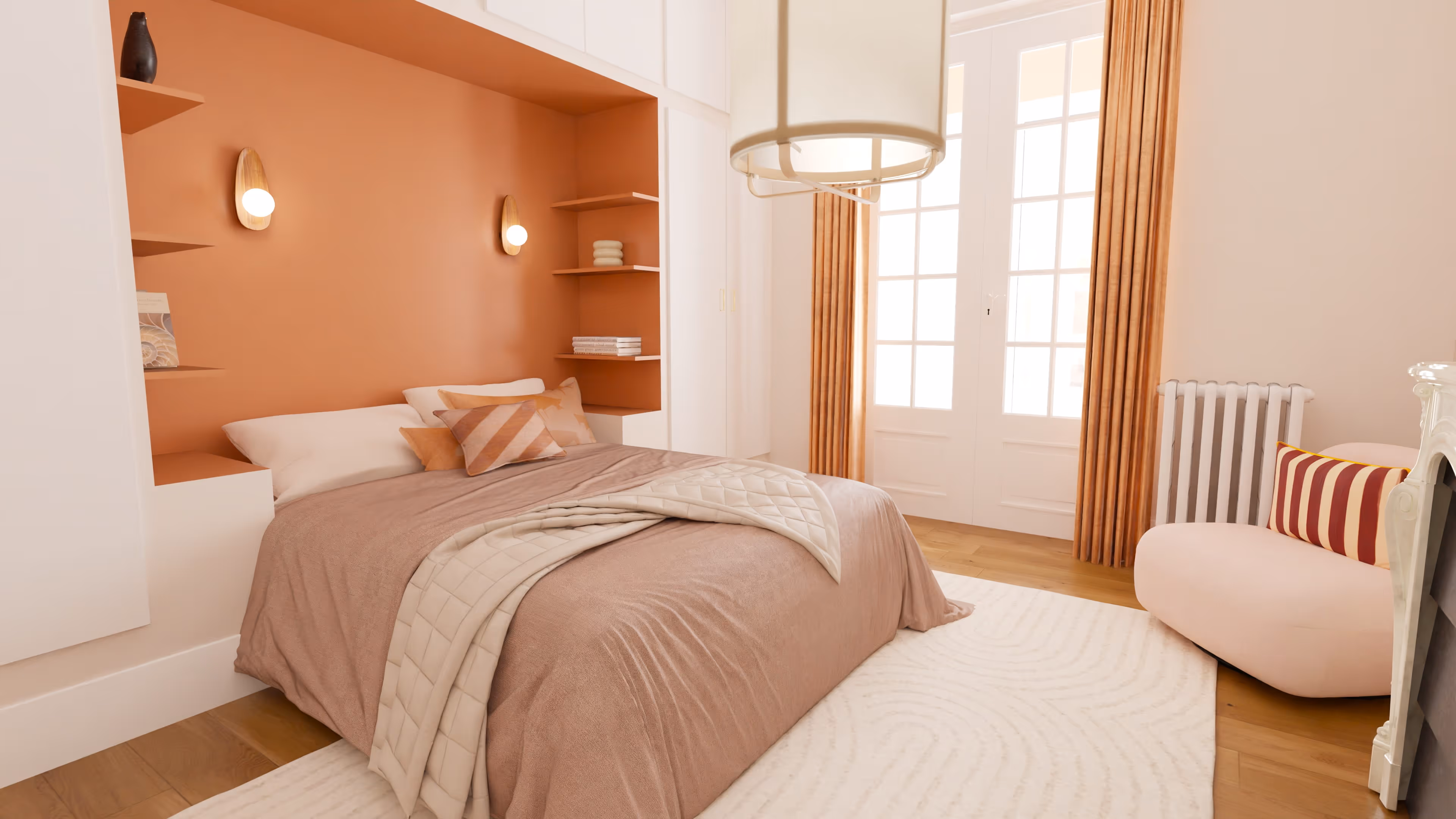 Modern living space with green accent wall, open shelves filled with books, a black chair, a green cushioned floor seat, and glass doors leading to a dining area with wooden chairs.