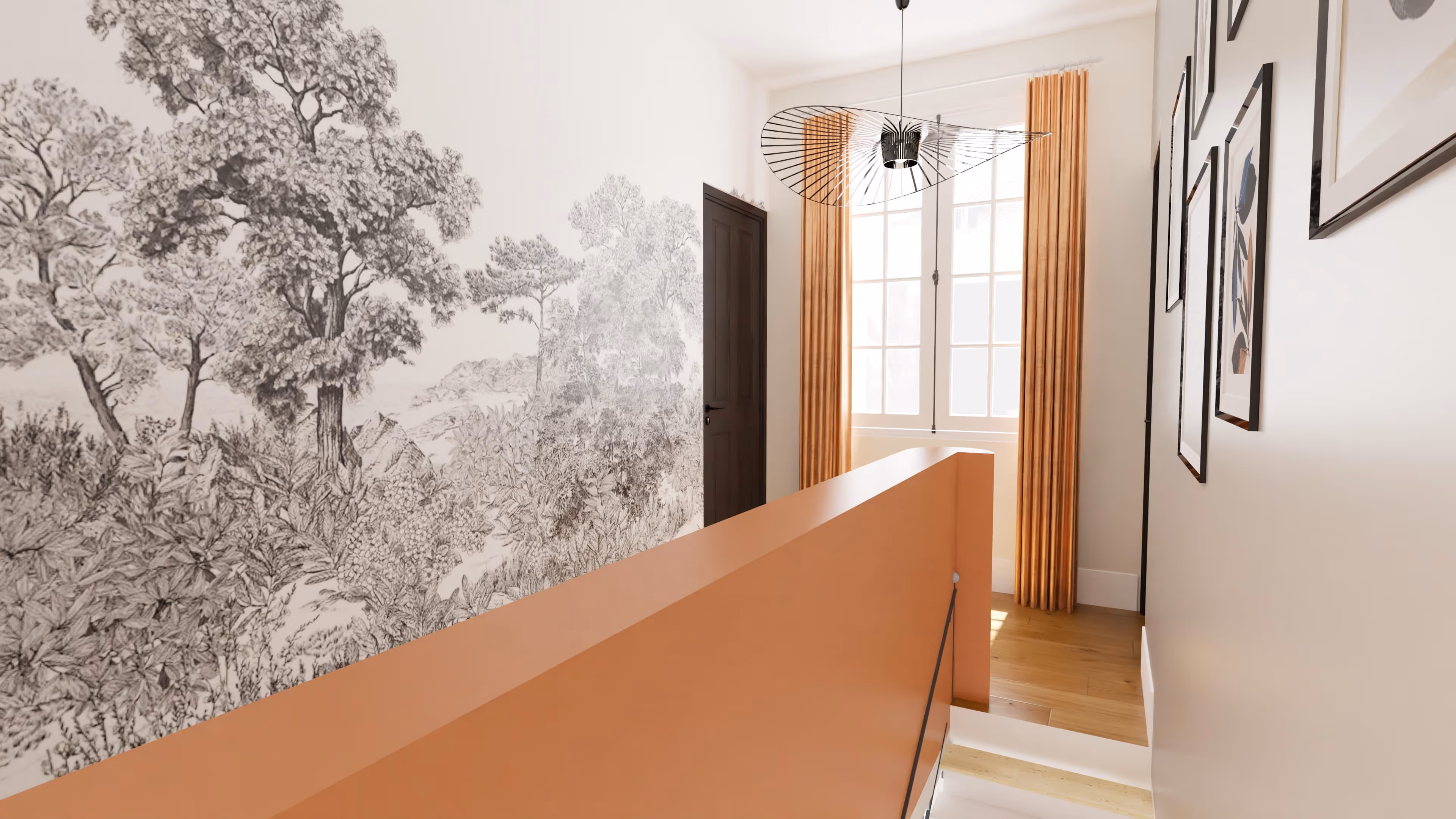 Modern living space with green accent wall, open shelves filled with books, a black chair, a green cushioned floor seat, and glass doors leading to a dining area with wooden chairs.