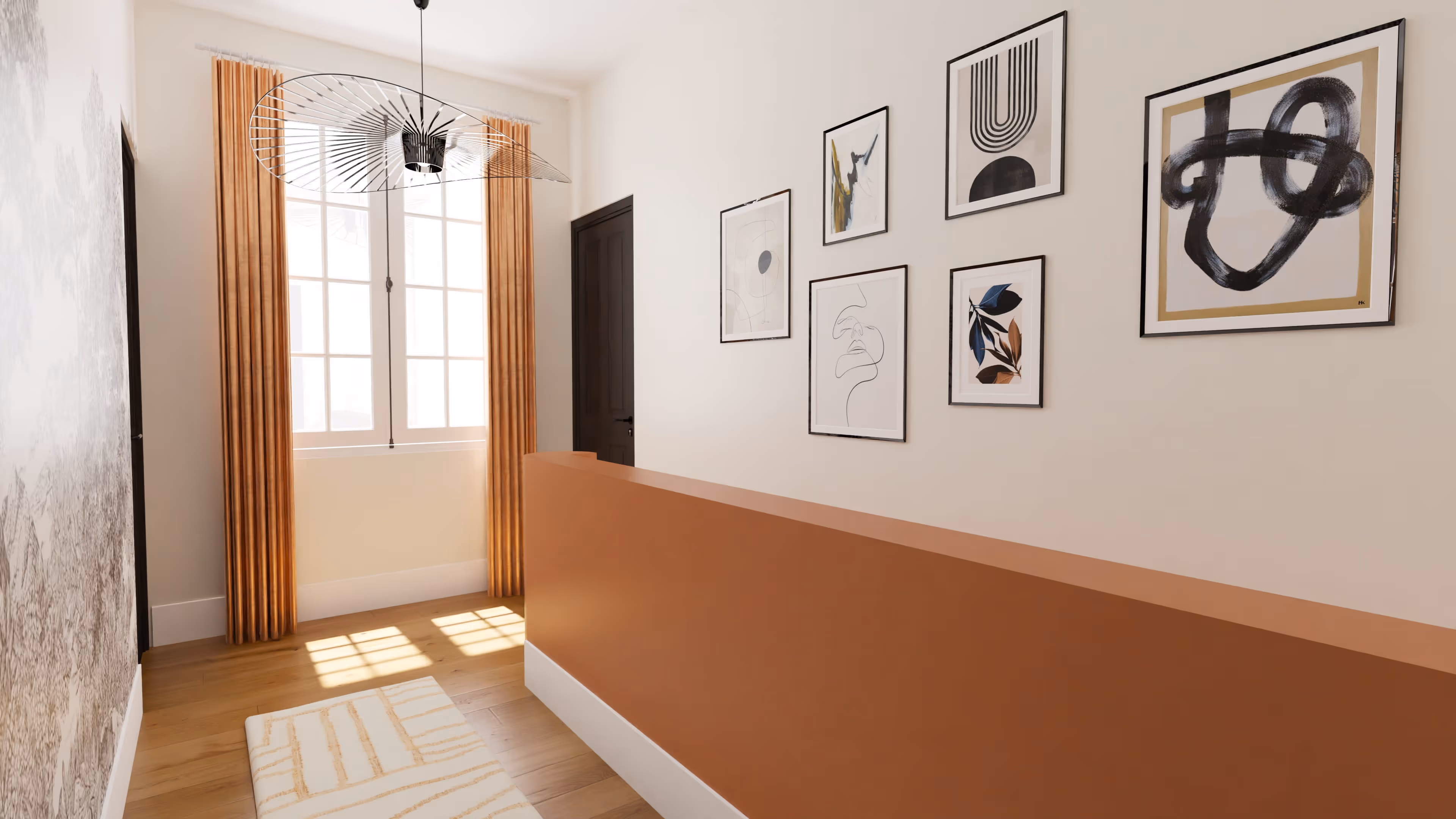 Modern living space with green accent wall, open shelves filled with books, a black chair, a green cushioned floor seat, and glass doors leading to a dining area with wooden chairs.