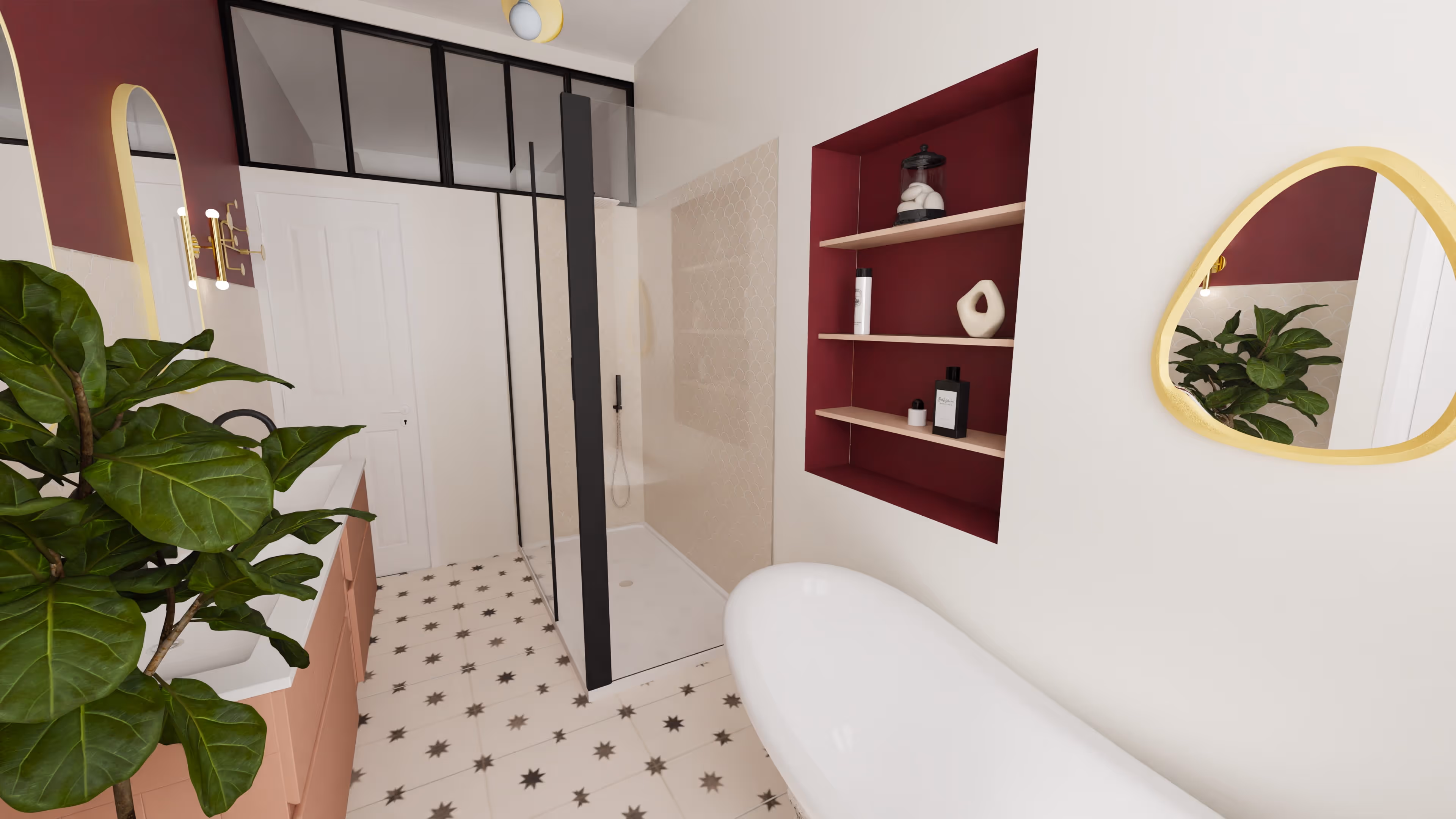 Modern living space with green accent wall, open shelves filled with books, a black chair, a green cushioned floor seat, and glass doors leading to a dining area with wooden chairs.