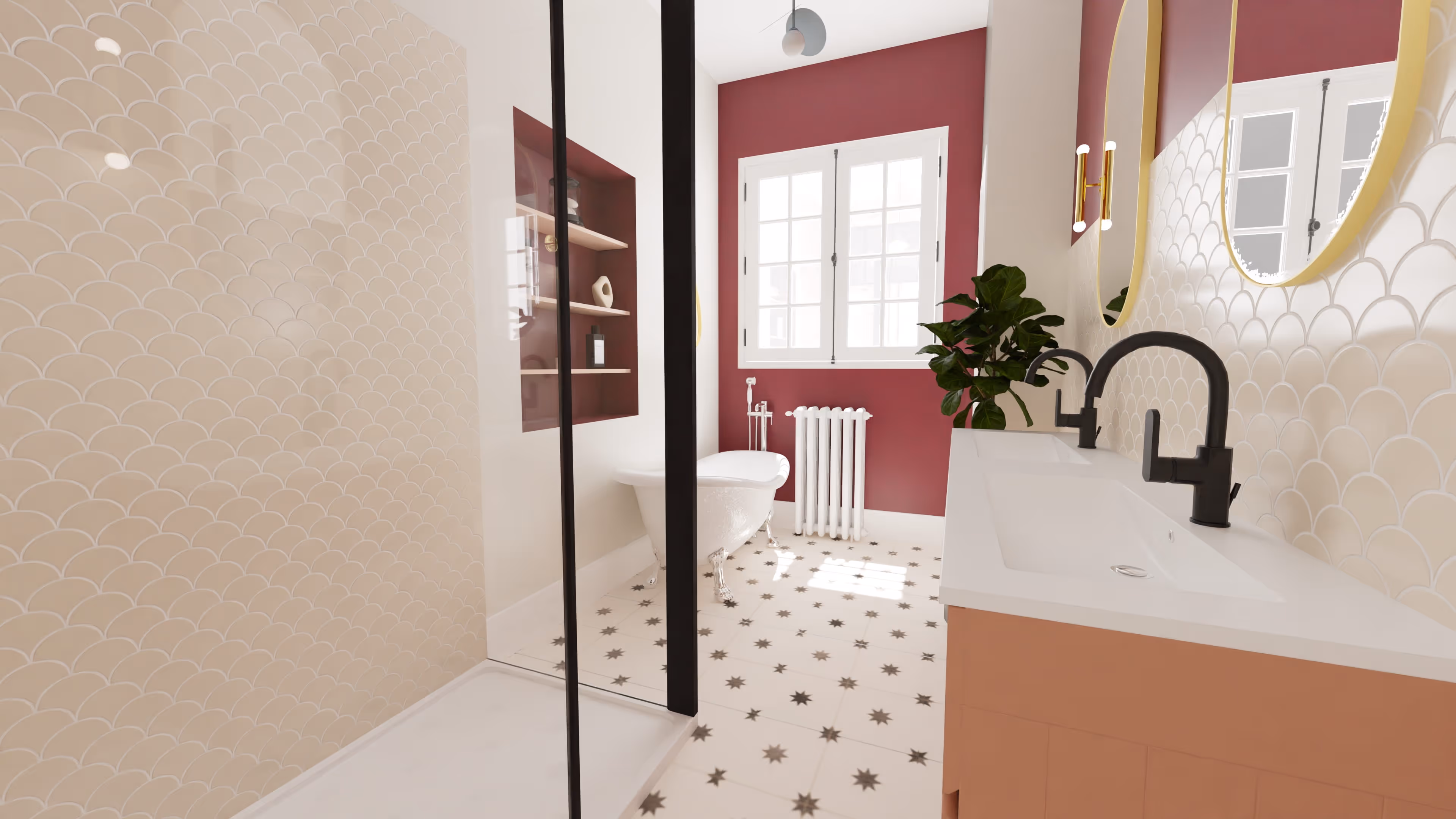 Modern living space with green accent wall, open shelves filled with books, a black chair, a green cushioned floor seat, and glass doors leading to a dining area with wooden chairs.