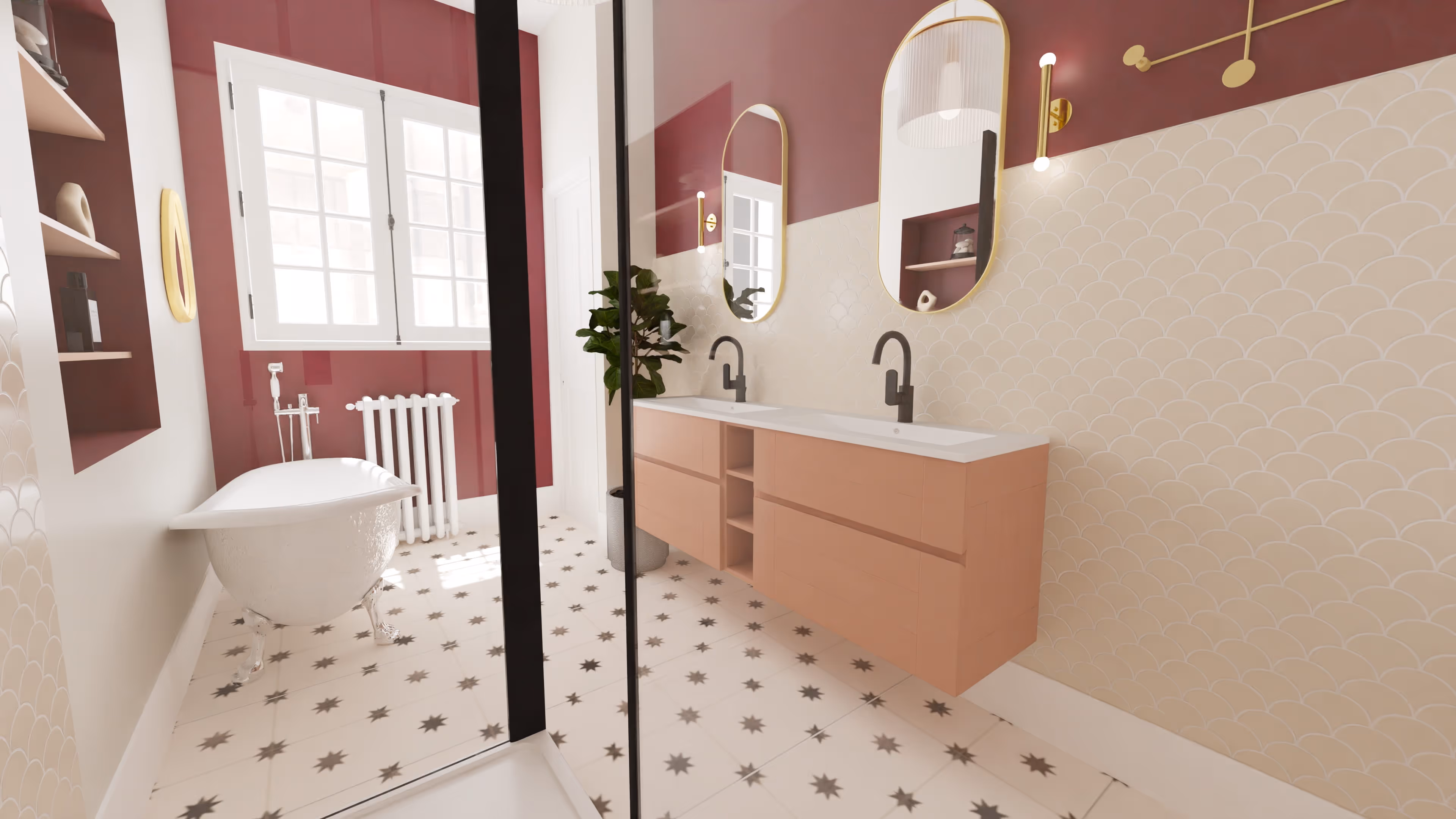 Modern living space with green accent wall, open shelves filled with books, a black chair, a green cushioned floor seat, and glass doors leading to a dining area with wooden chairs.