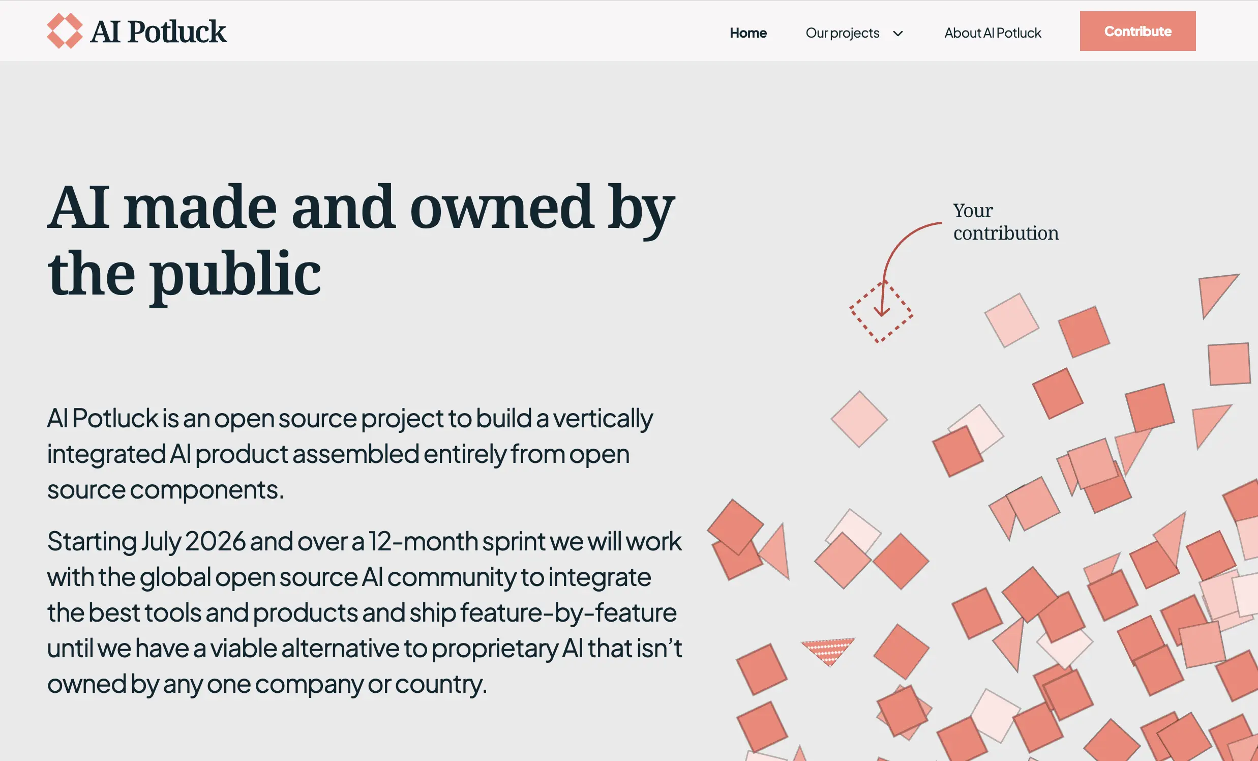 Screenshot of the AI Potluck website home page, describing our vision for AI made and owned by the public