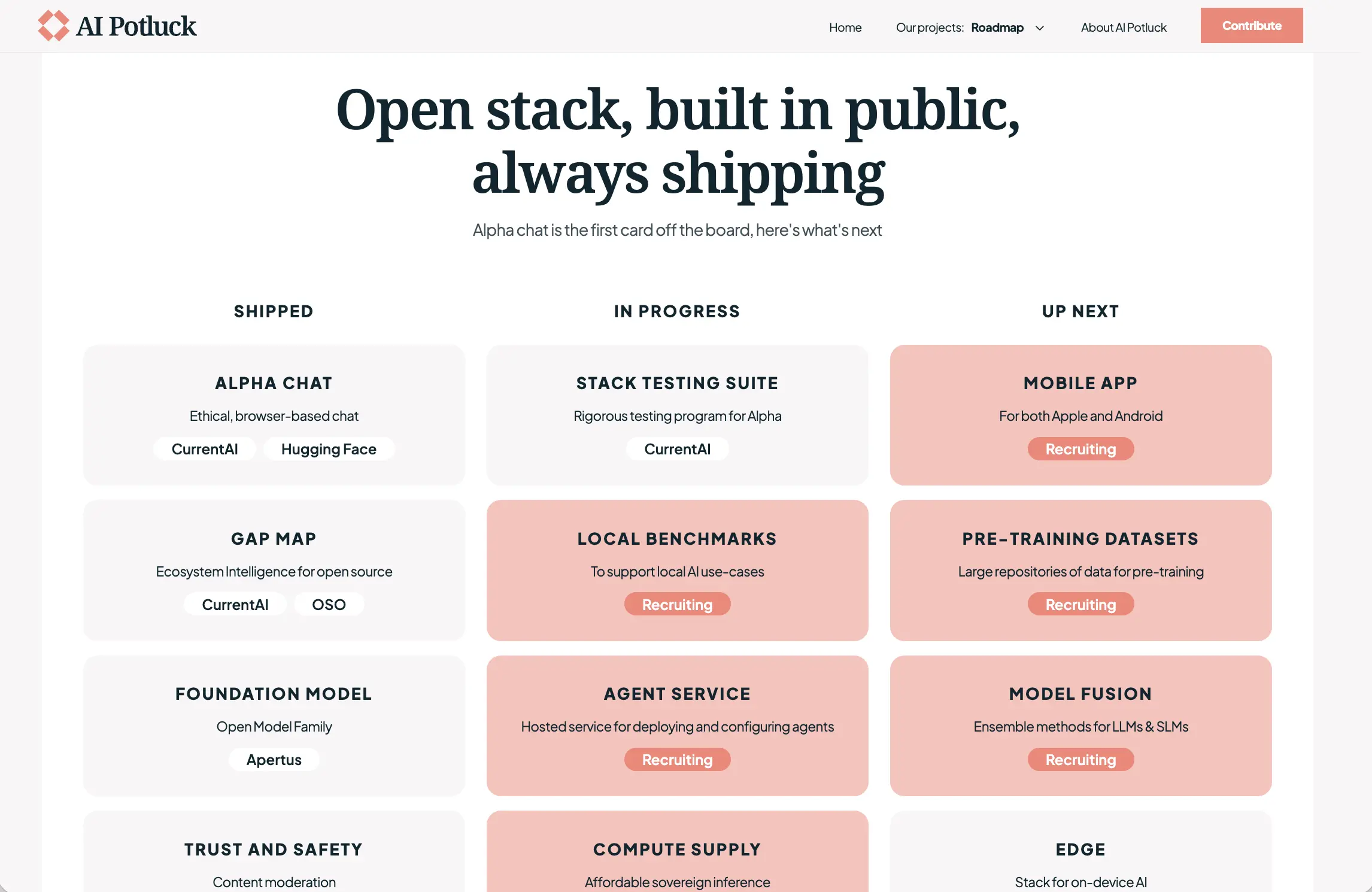 Screenshot of the AI Potluck Roadmap