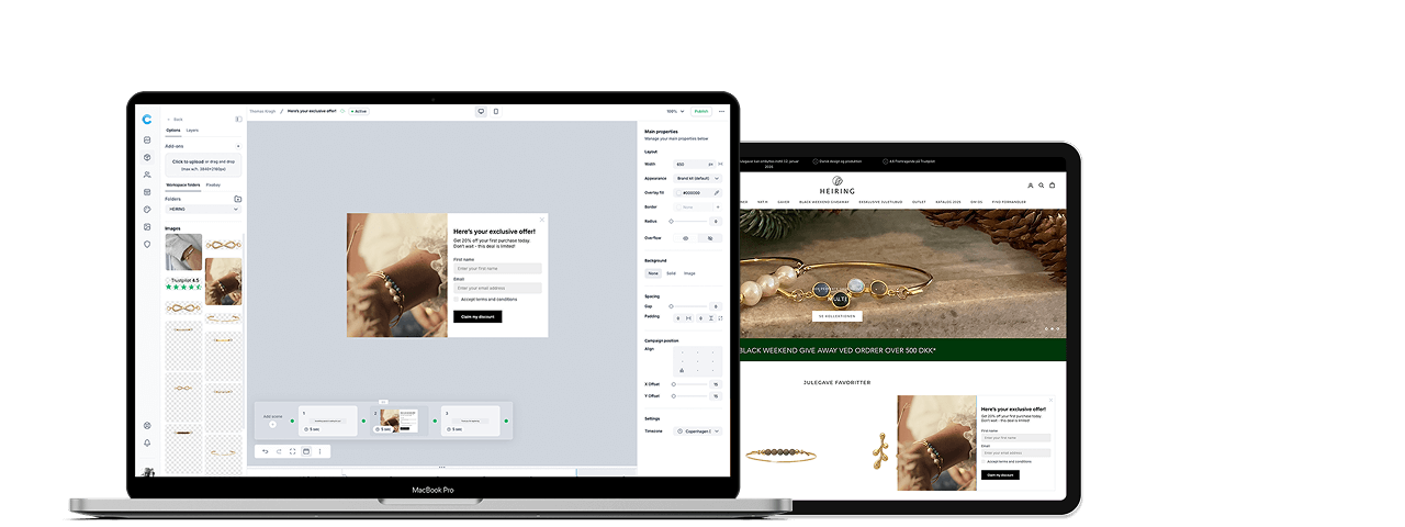 Popup builder showing website promotion popup design