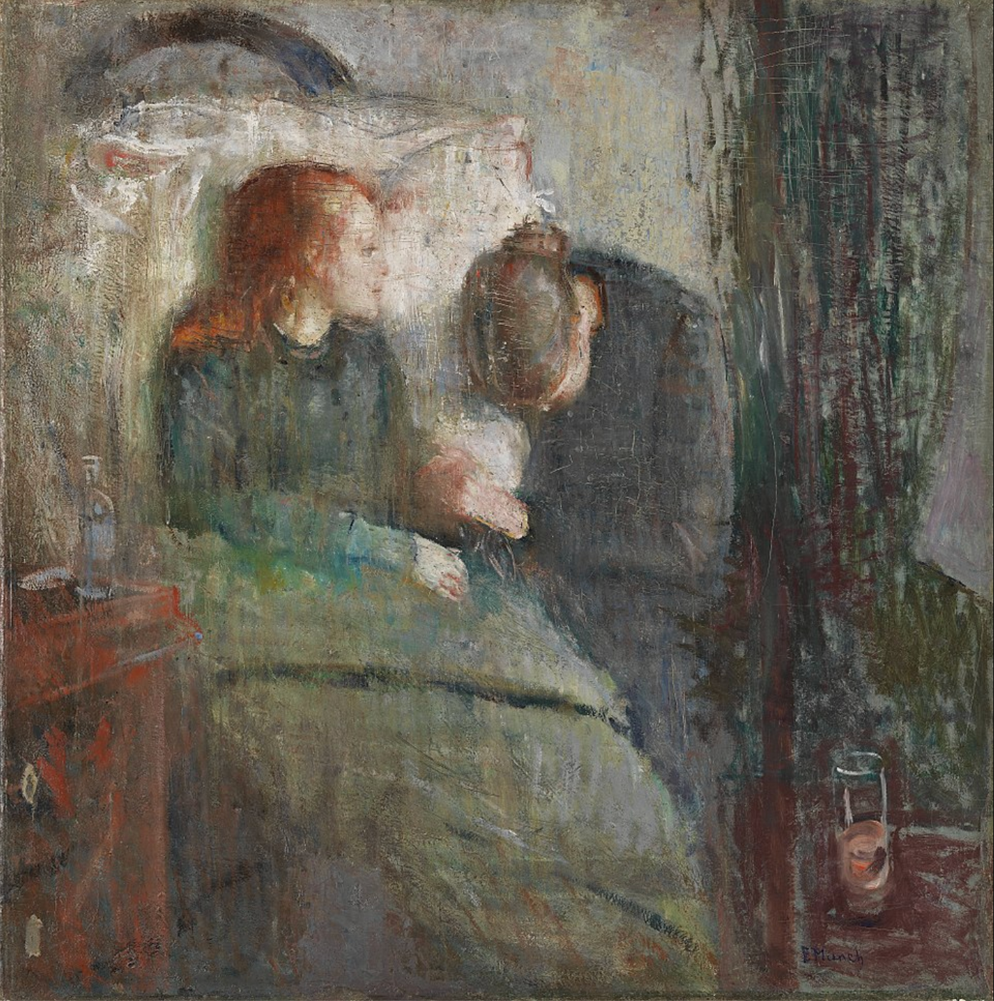 Edvard Munch’s The Sick Child (1885–86), depicting his sister Sophie’s death - Oil painting of Edvard Munch’s older sister, Johanne Sophie, who died from tuberculosis at fifteen in 1877. Munch would repeatedly revisit this deeply traumatic event through his art. 