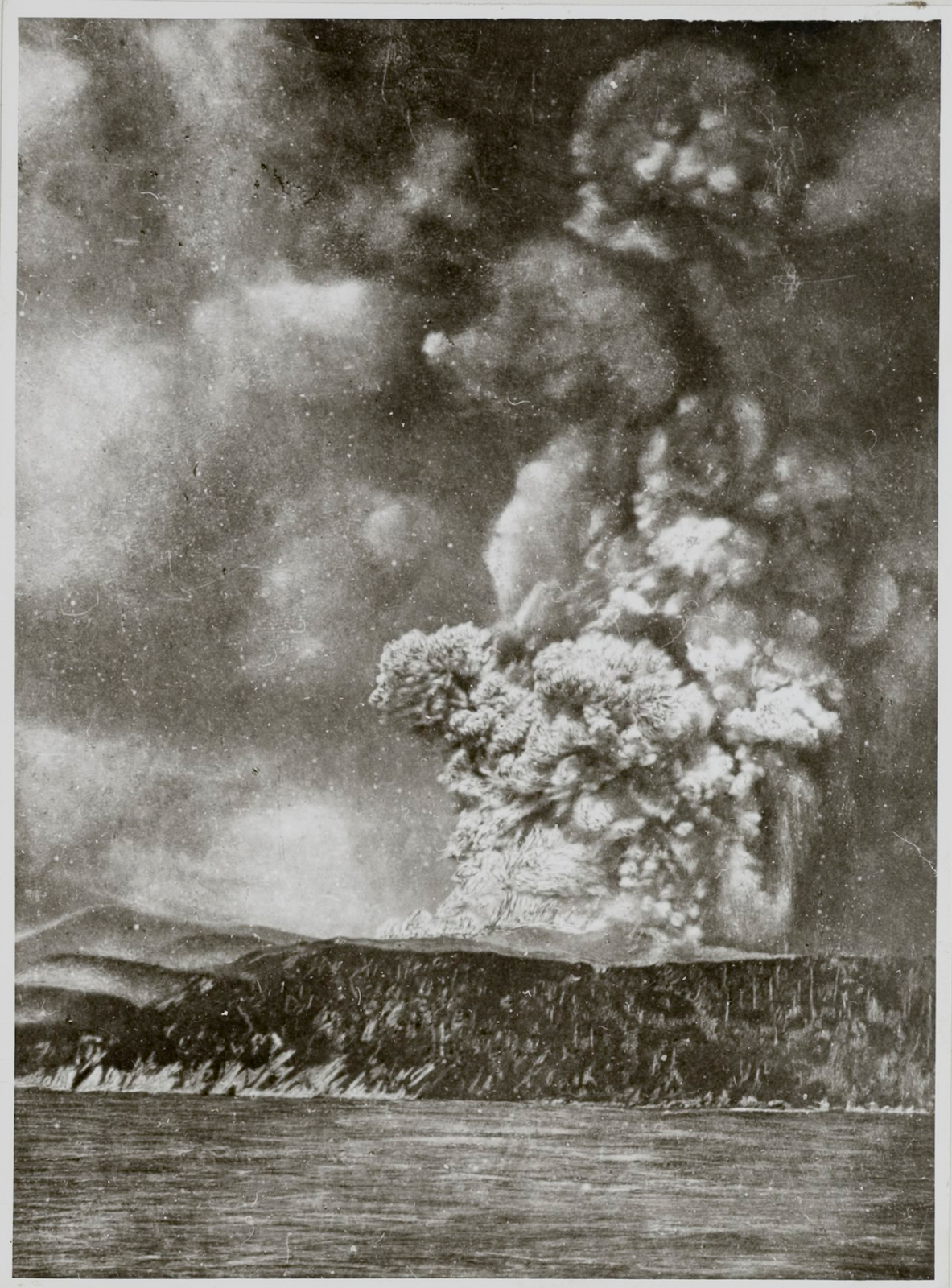 Photograph of the Krakatoa eruption of 1883 - Black and white photograph of the Indonesian volcano Krakatoa during the eruption of 1883, which began on 20th May and lasted five months, until 21 October.