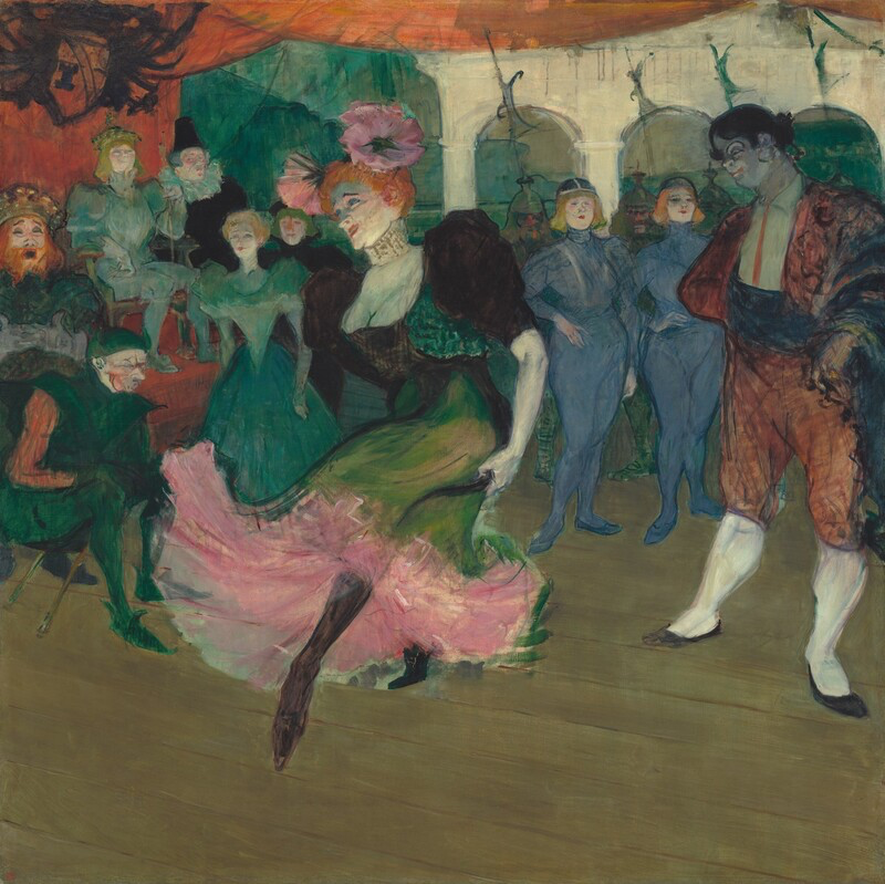Henri de Toulouse-Lautrec’s Marcelle Lender Dancing the Bolero in “Chilpéric” (1895–96)‍. Colourful painting of a woman in a pink and green dress dancing in the middle of a group of people