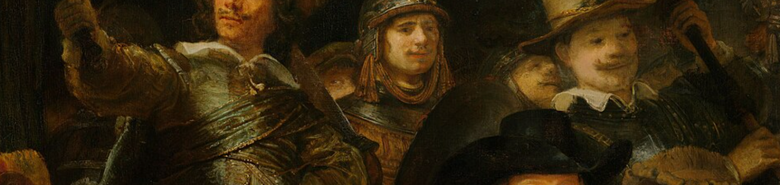 Visit: Rijksmuseum, Amsterdam. A detail from the night Watch with men in ornate armor and period costumes, expressing determination and camaraderie. The image conveys action and unity.