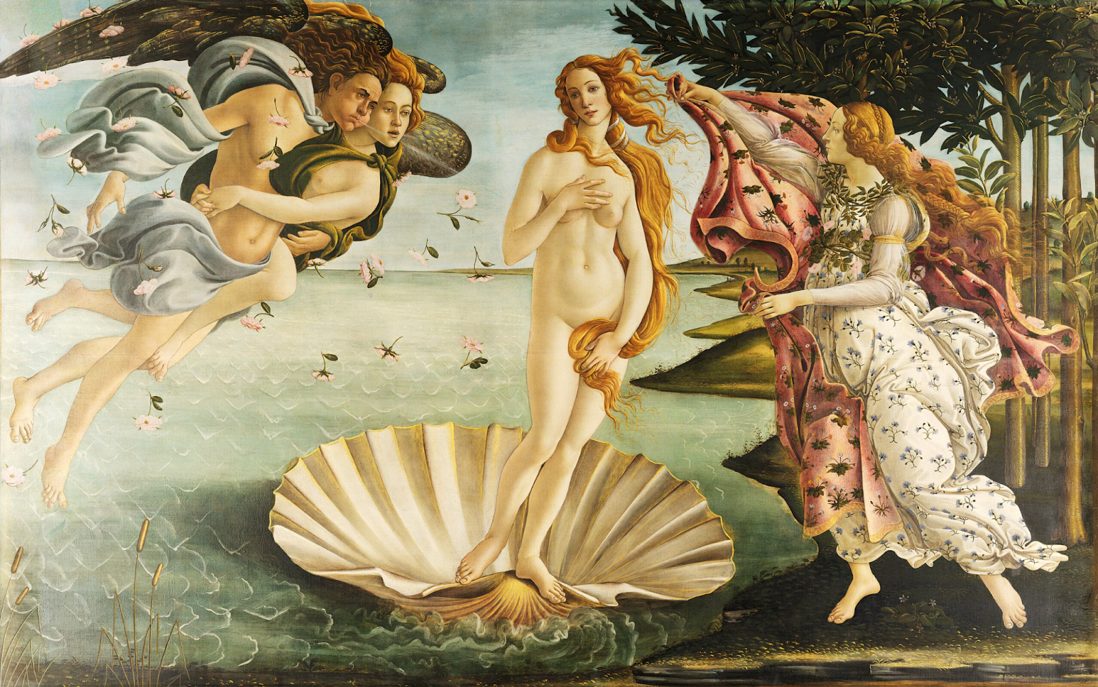 Sandro Botticelli’s The Birth of Venus (c.1485) A nude woman, Venus, stands on a giant shell in the sea, with wind-blown hair. Two figures on the left, one on the right, depict a mythical scene, conveying elegance.